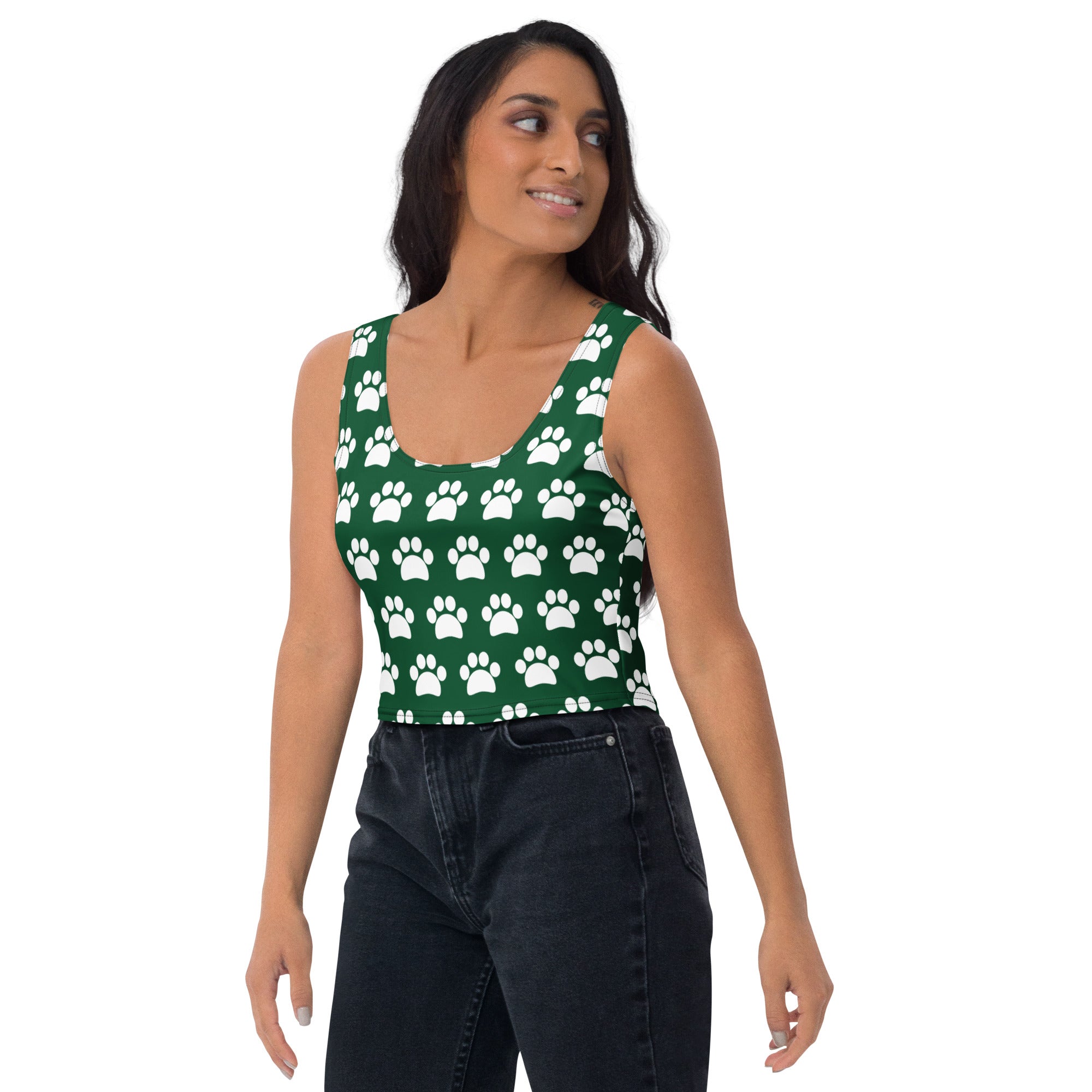 Women's Dark Green Paw Print Buttery Soft Crop Top- Quick-Drying UPF 50+ Stretch Top