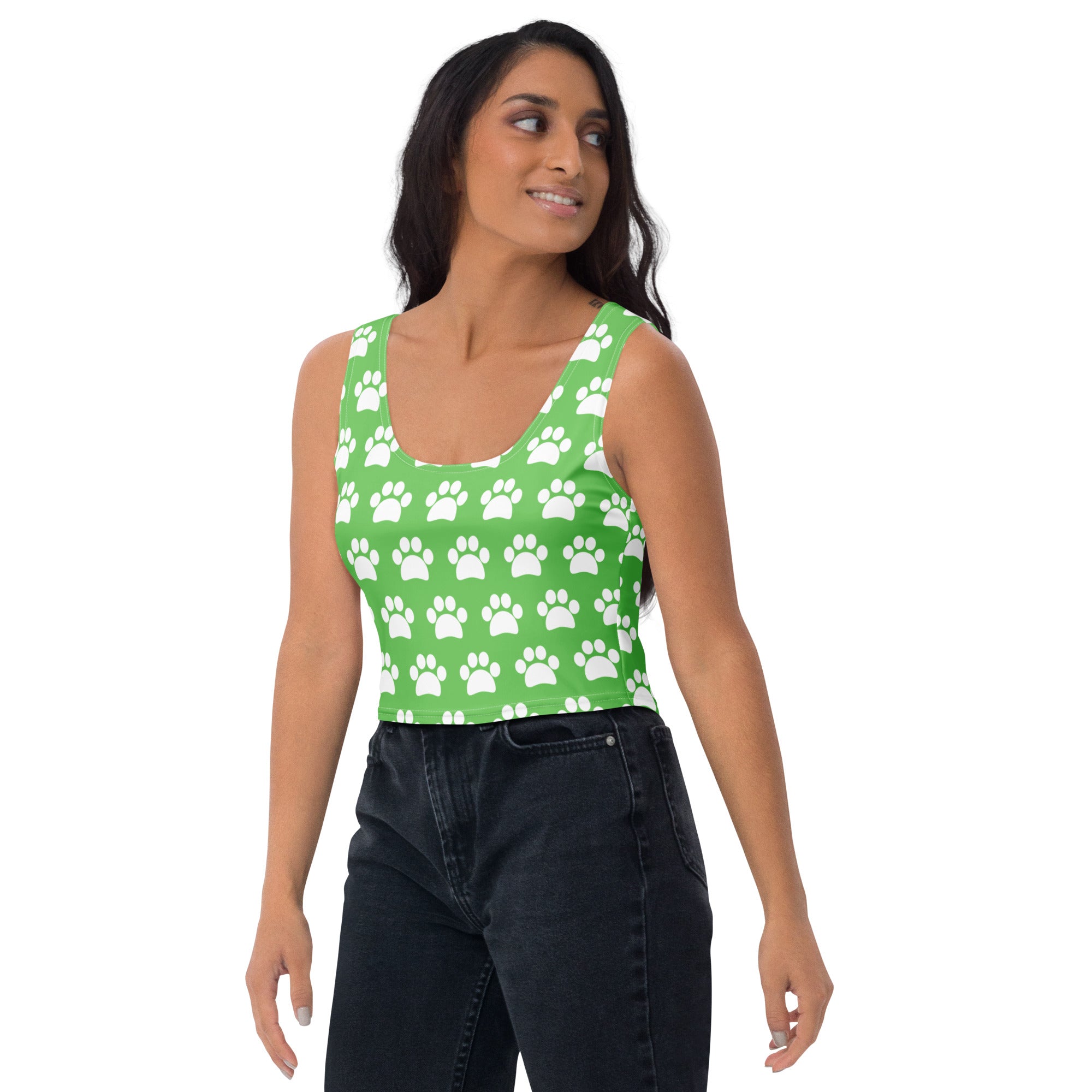 Women's Green Paw Print Buttery Soft Crop Top- Quick-Drying UPF 50+ Stretch Top