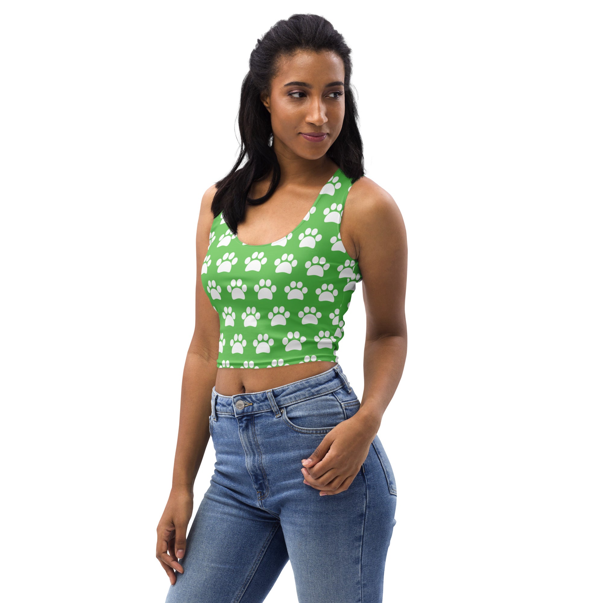 Women's Green Paw Print Buttery Soft Crop Top- Quick-Drying UPF 50+ Stretch Top