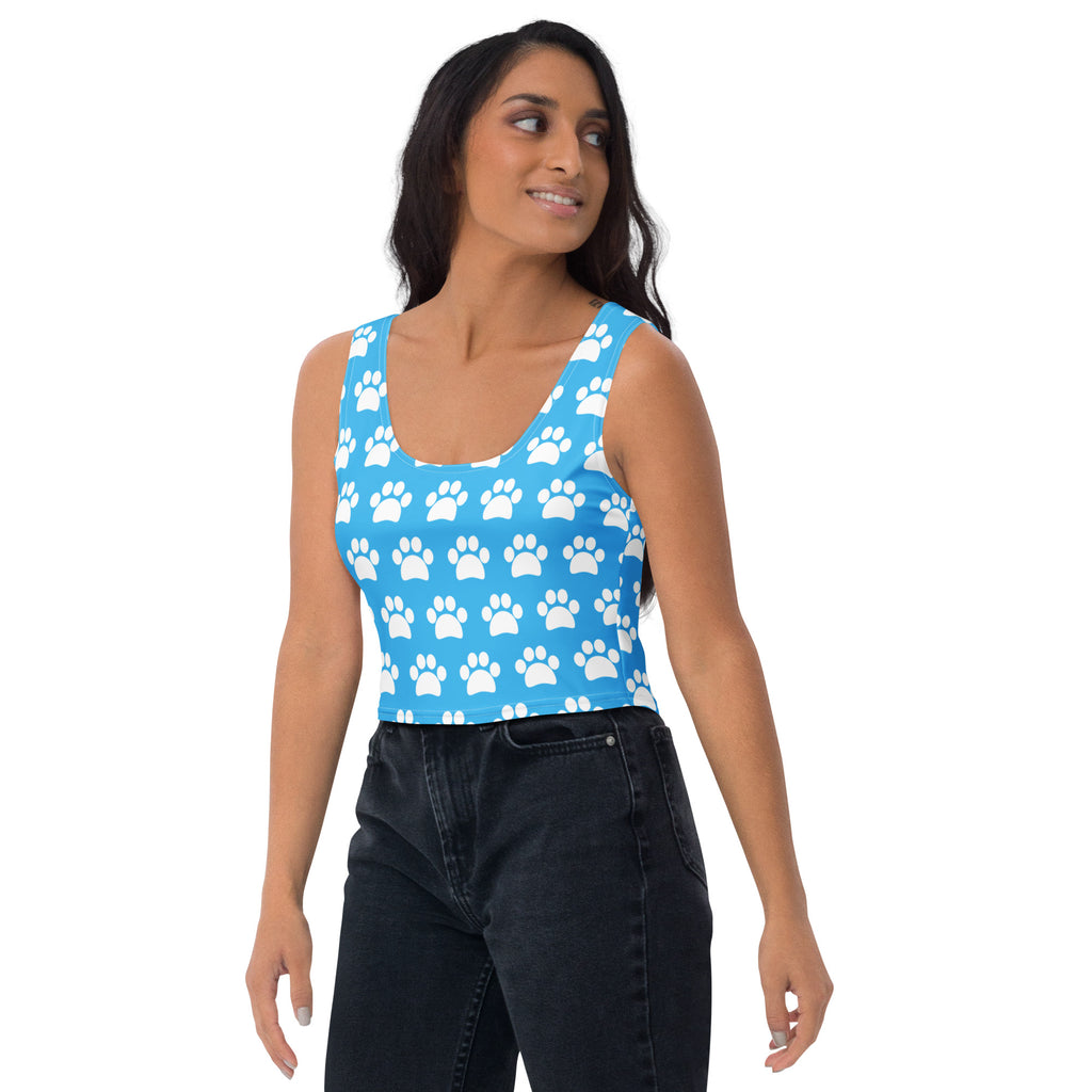 Women's Light Blue Paw Print Buttery Soft Crop Top- Quick-Drying UPF 50+ Stretch Top