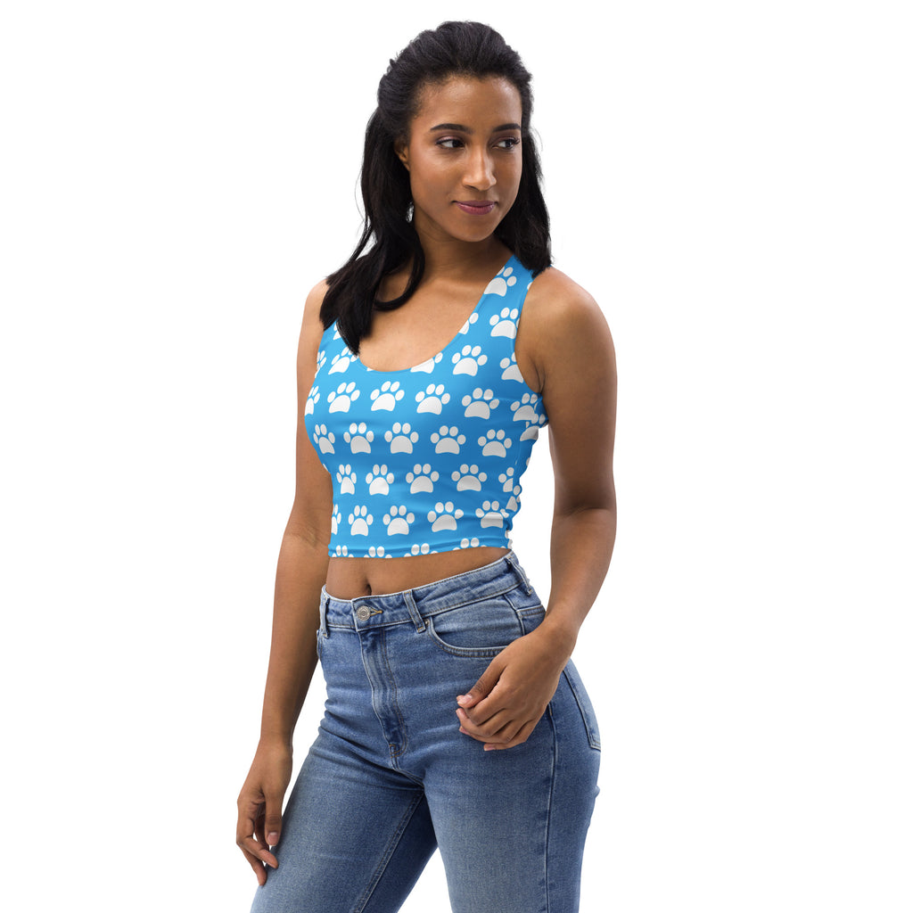 Women's Light Blue Paw Print Buttery Soft Crop Top- Quick-Drying UPF 50+ Stretch Top