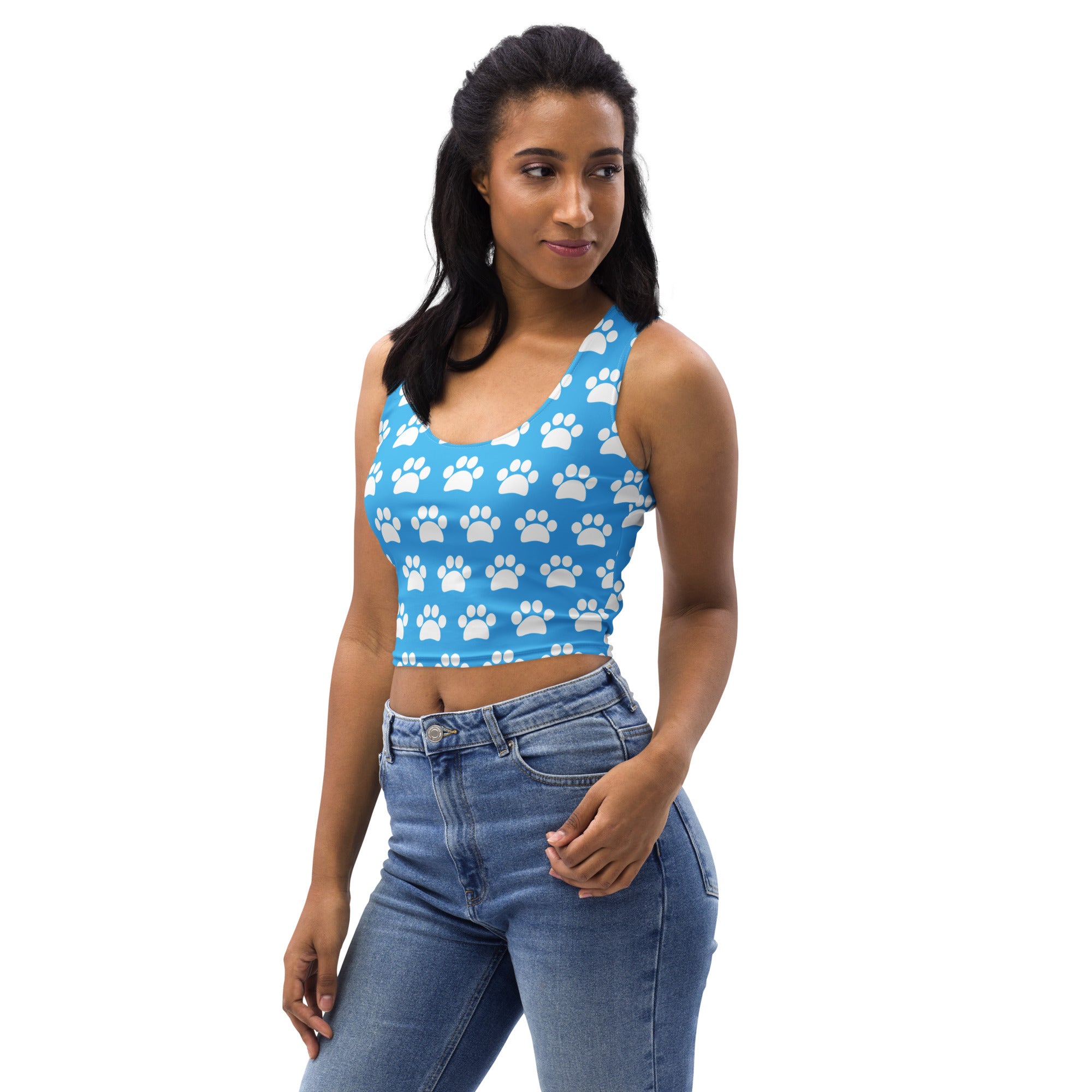 Women's Light Blue Paw Print Buttery Soft Crop Top- Quick-Drying UPF 50+ Stretch Top
