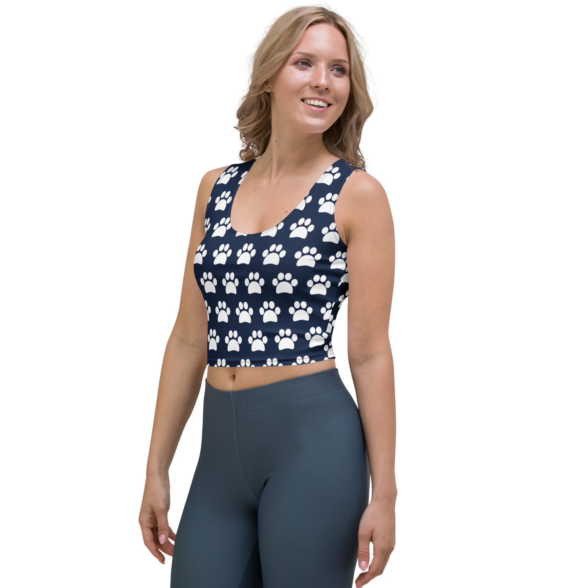 Women's Navy Paw Print Buttery Soft Crop Top- Quick-Drying UPF 50+ Stretch Top