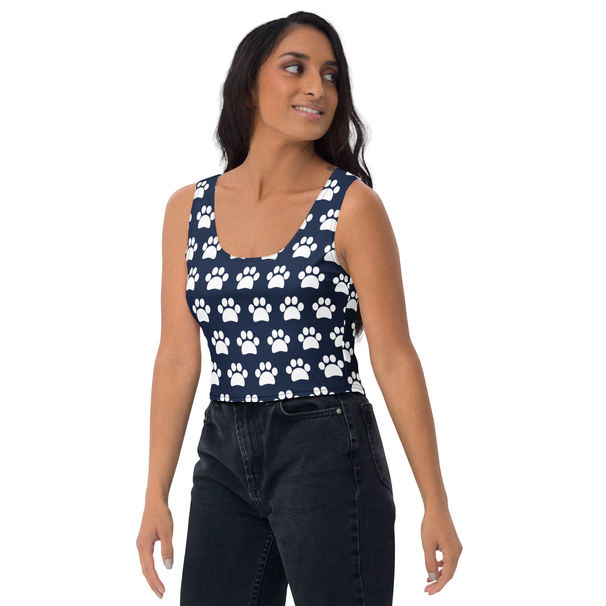 Women's Navy Paw Print Buttery Soft Crop Top- Quick-Drying UPF 50+ Stretch Top