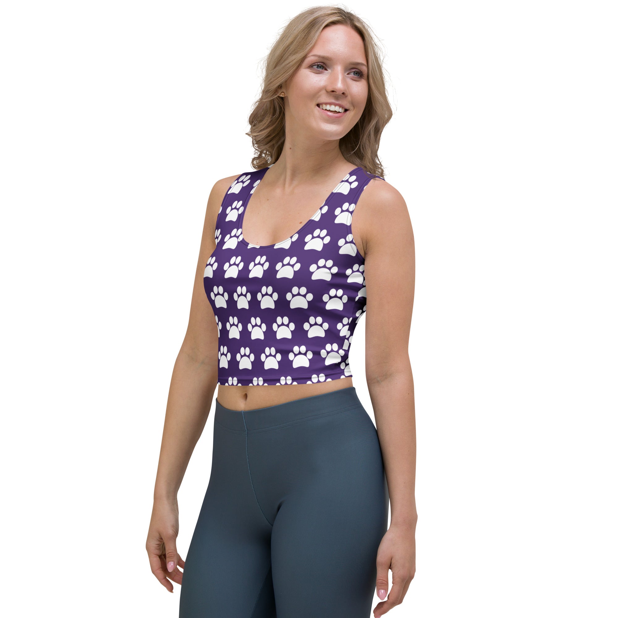 Women's Dark Purple Paw Print Buttery Soft Crop Top- Quick-Drying UPF 50+ Stretch Top