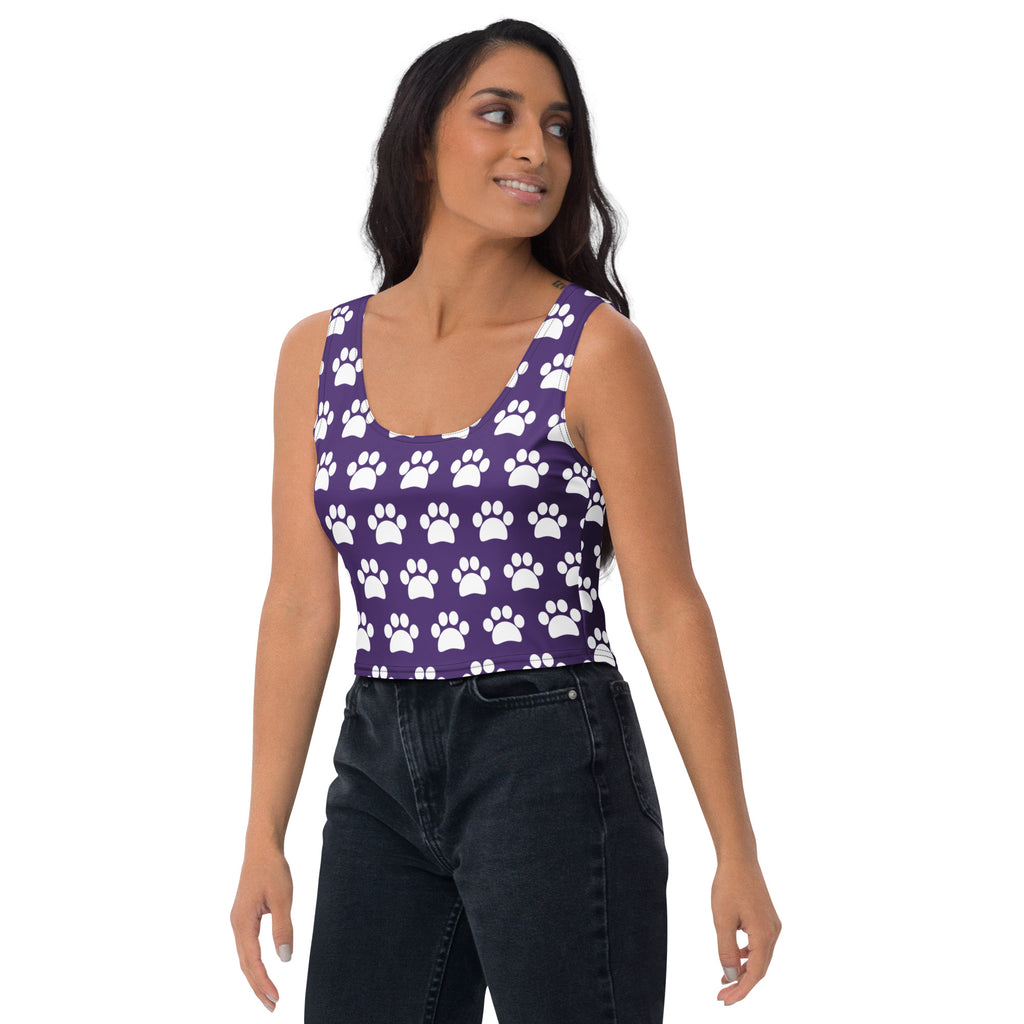 Women's Dark Purple Paw Print Buttery Soft Crop Top- Quick-Drying UPF 50+ Stretch Top