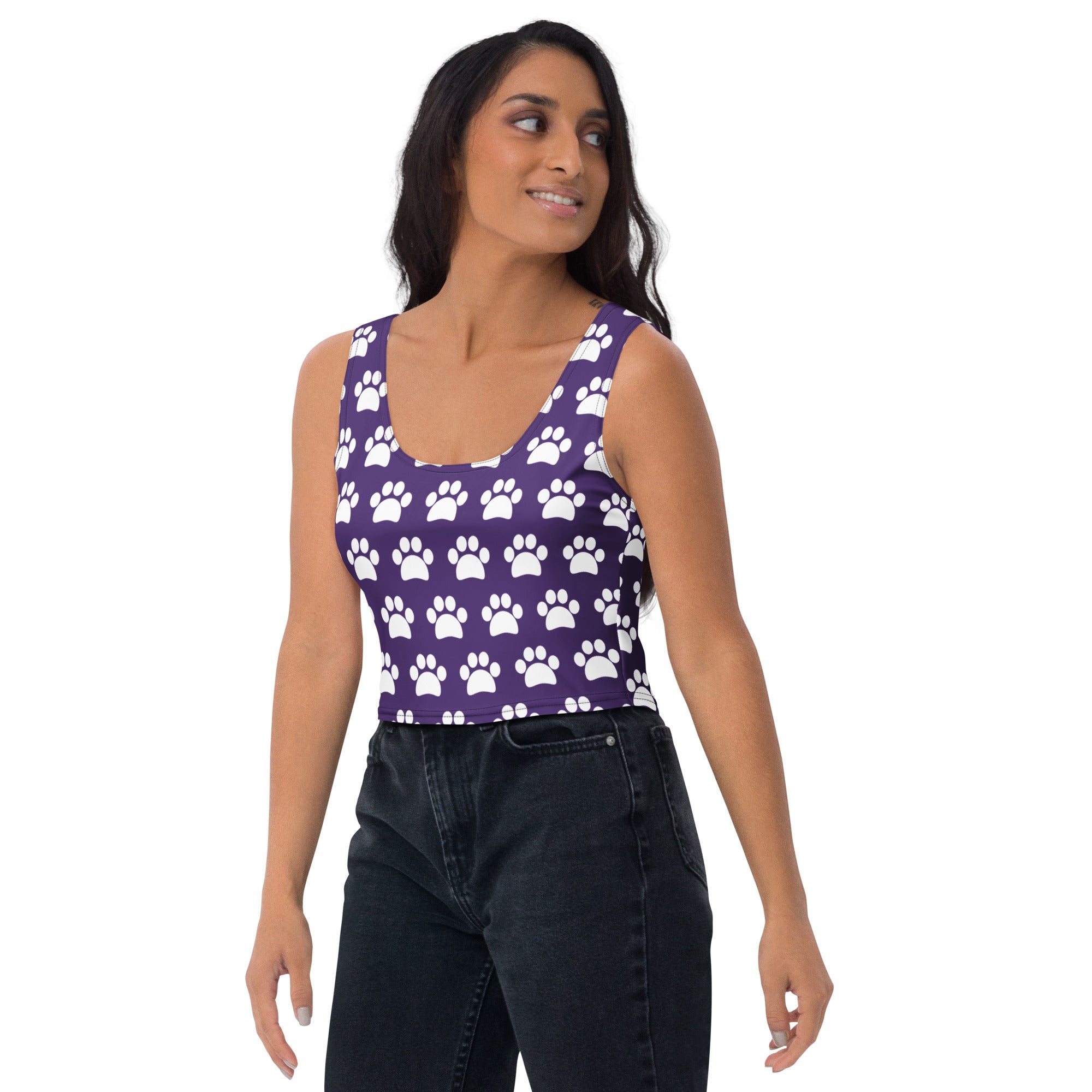 Women's Dark Purple Paw Print Buttery Soft Crop Top- Quick-Drying UPF 50+ Stretch Top