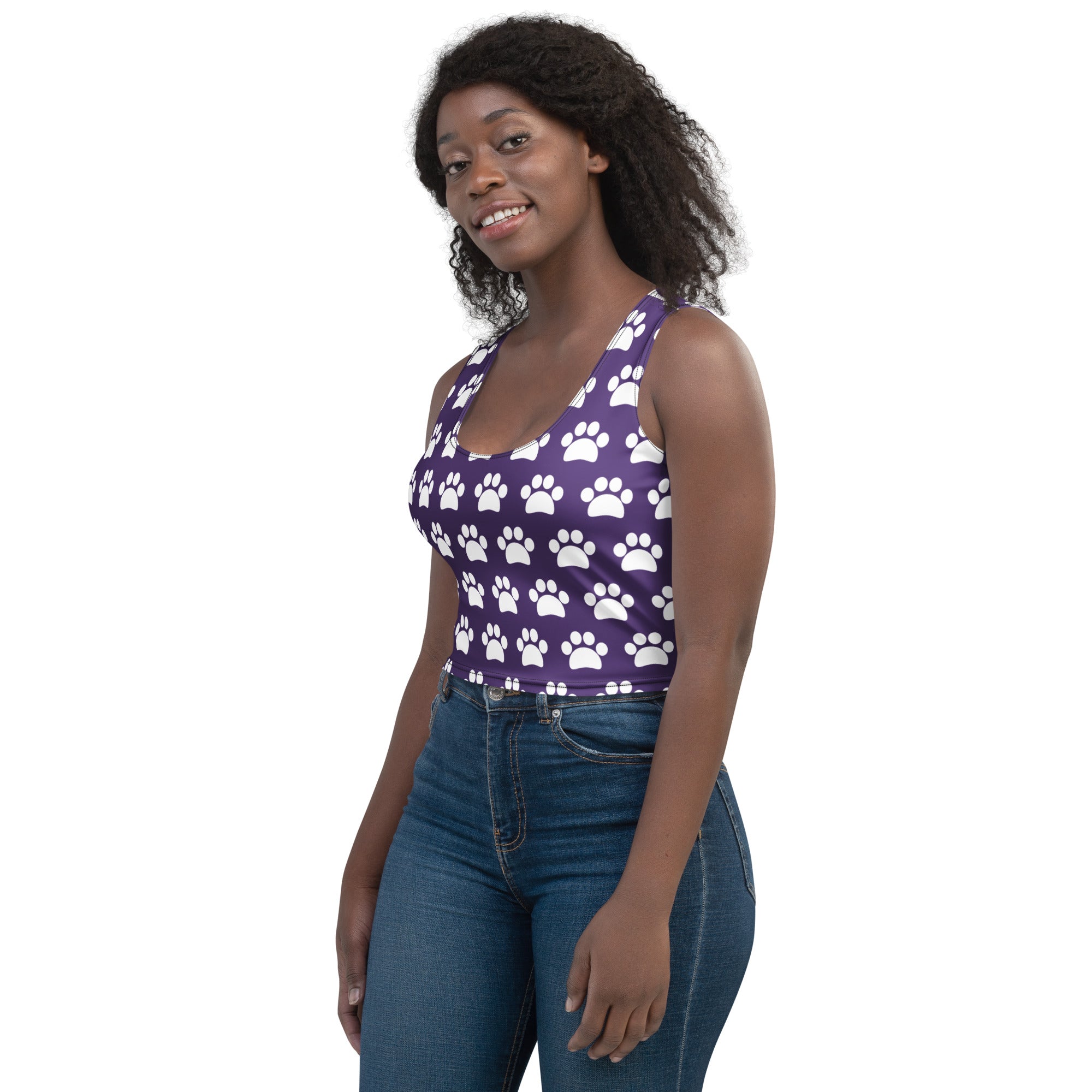 Women's Dark Purple Paw Print Buttery Soft Crop Top- Quick-Drying UPF 50+ Stretch Top
