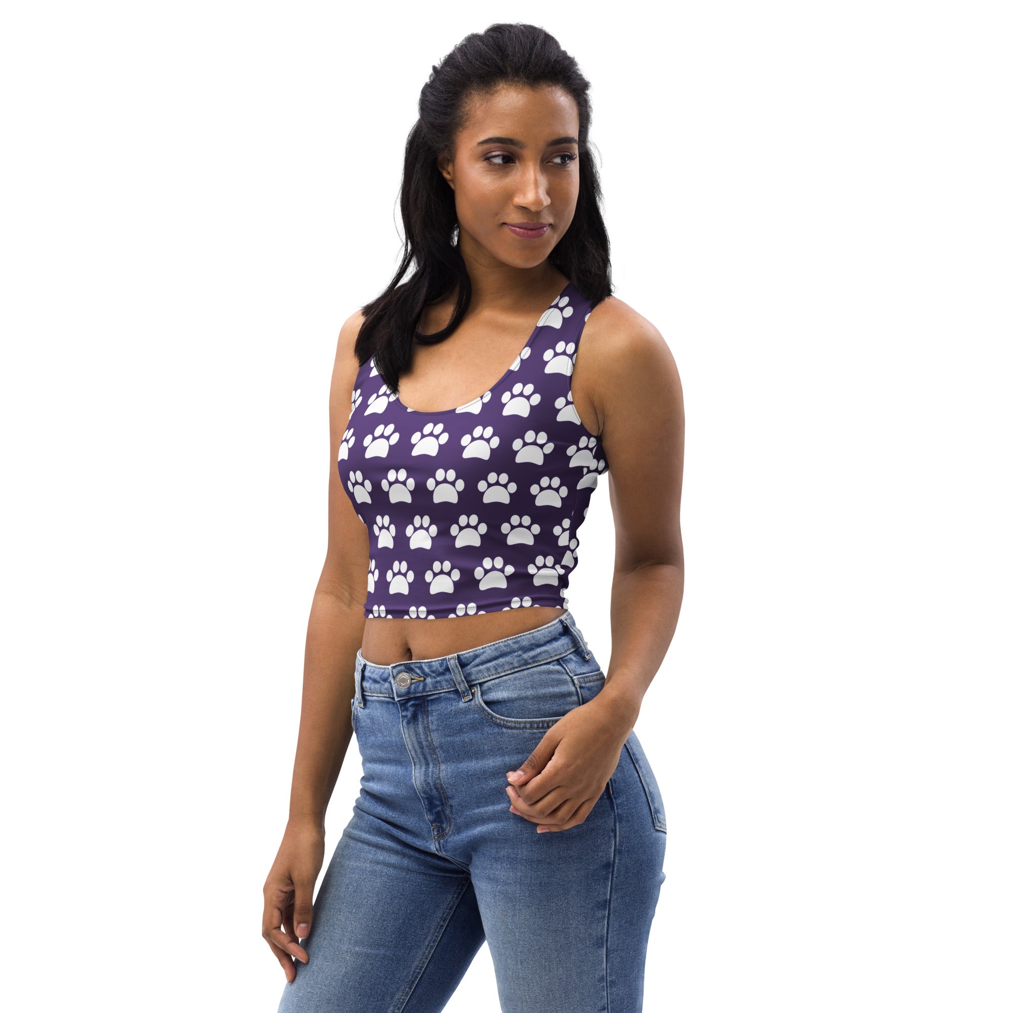 Women's Dark Purple Paw Print Buttery Soft Crop Top- Quick-Drying UPF 50+ Stretch Top