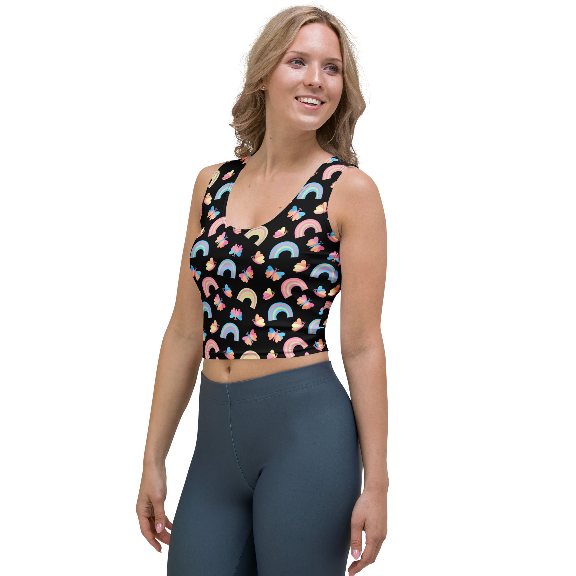 Women's Rainbow Butterfly Buttery Soft Crop Top- Quick-Drying UPF 50+ Stretch Top