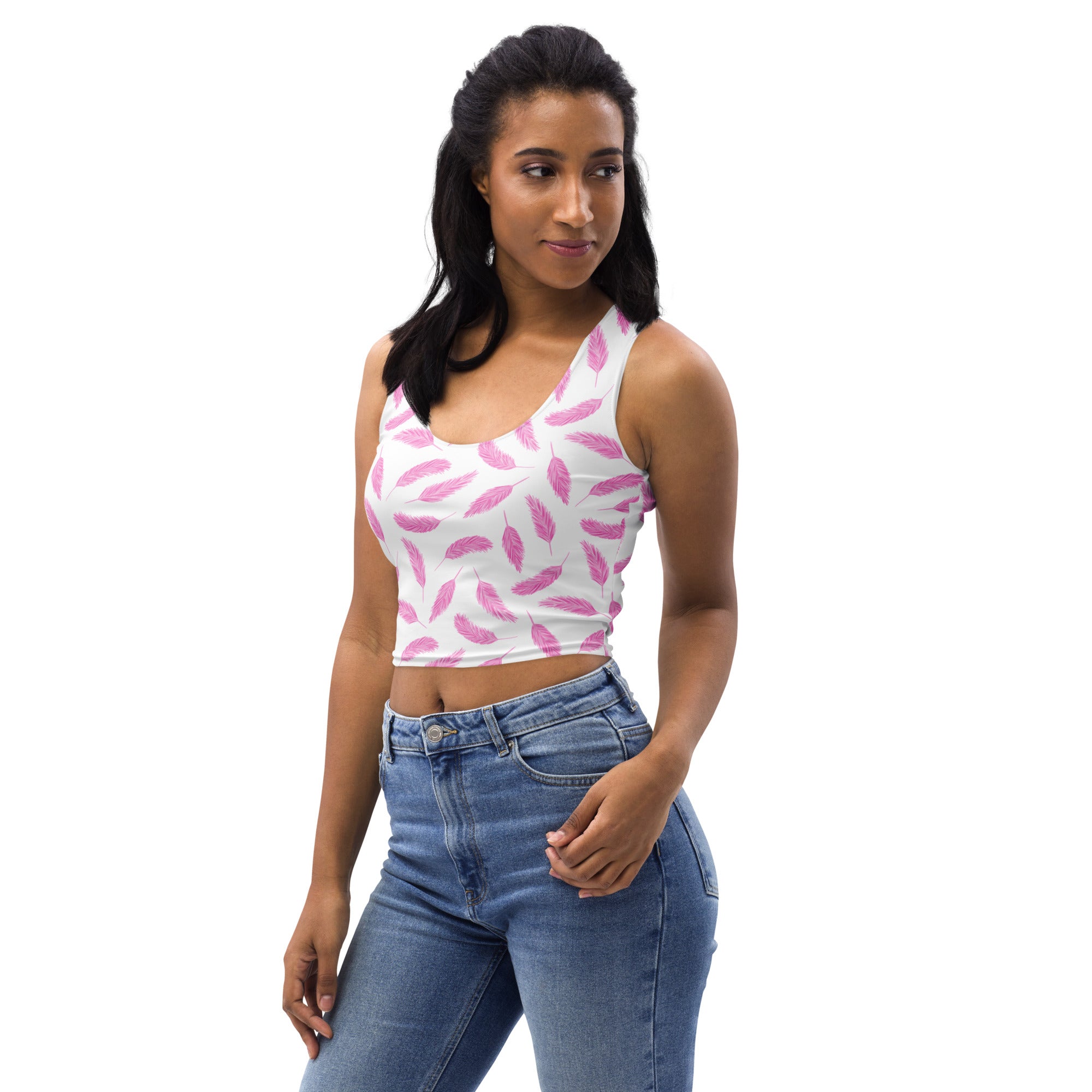 Women's Pink Flamingo Feather Buttery Soft Crop Top- Quick-Drying UPF 50+ Stretch Top