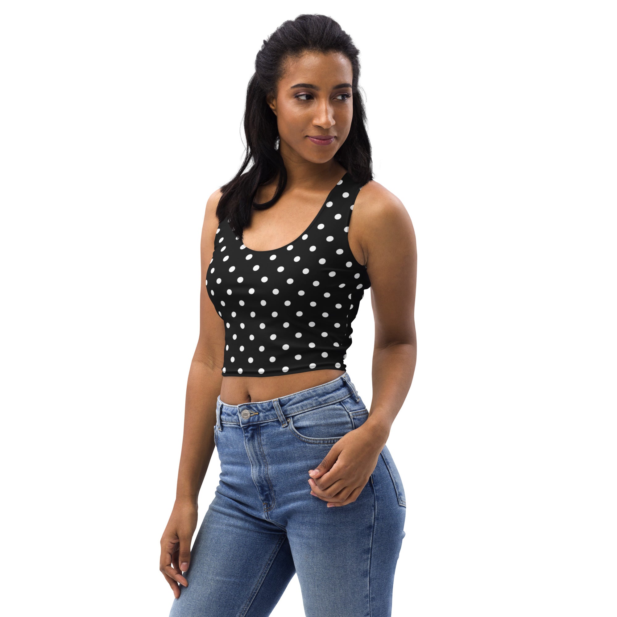 Women's Black Polka Dot Buttery Soft Crop Top- Quick-Drying UPF 50+ Stretch Top