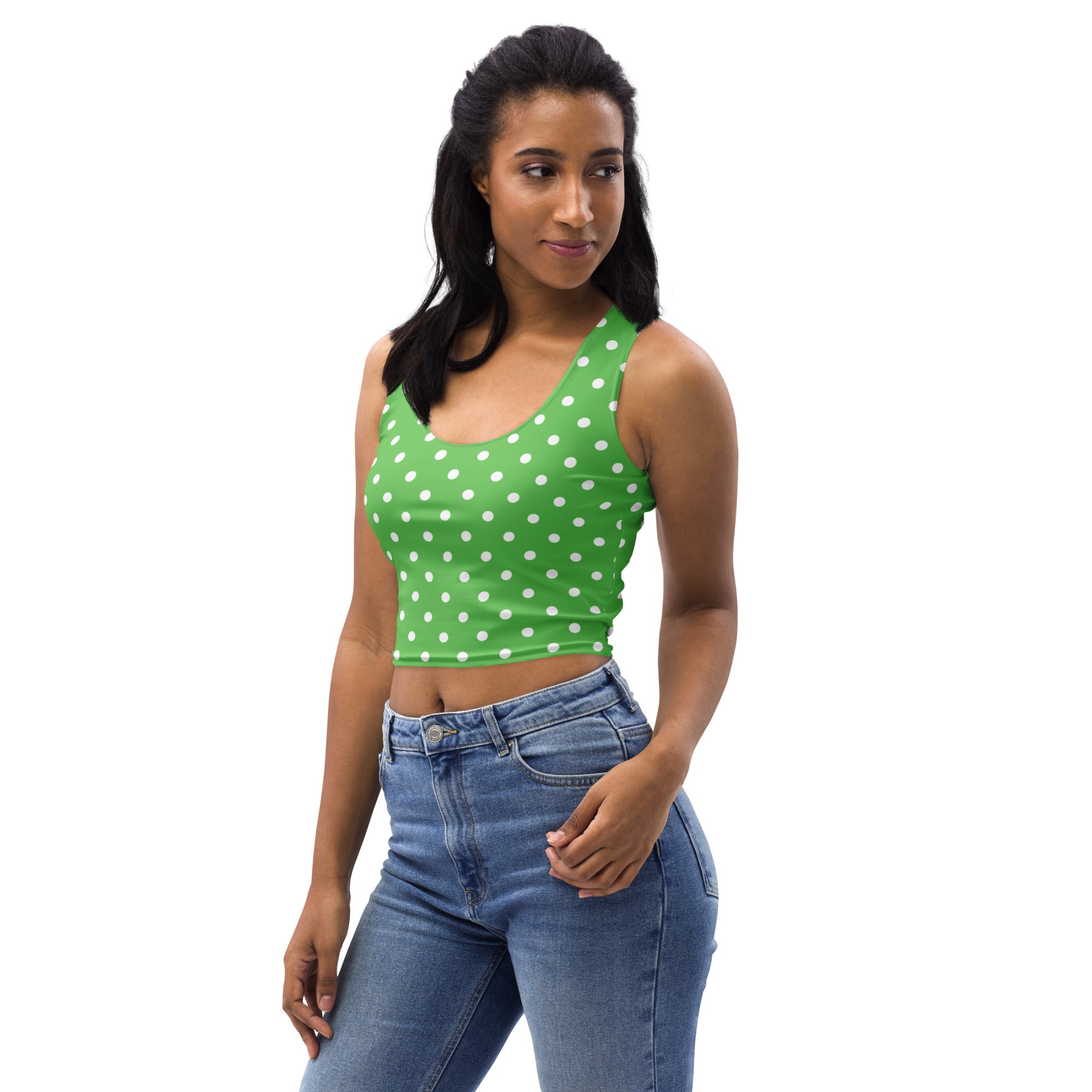 Women's Green Polka Dot Buttery Soft Crop Top- Quick-Drying UPF 50+ Stretch Top
