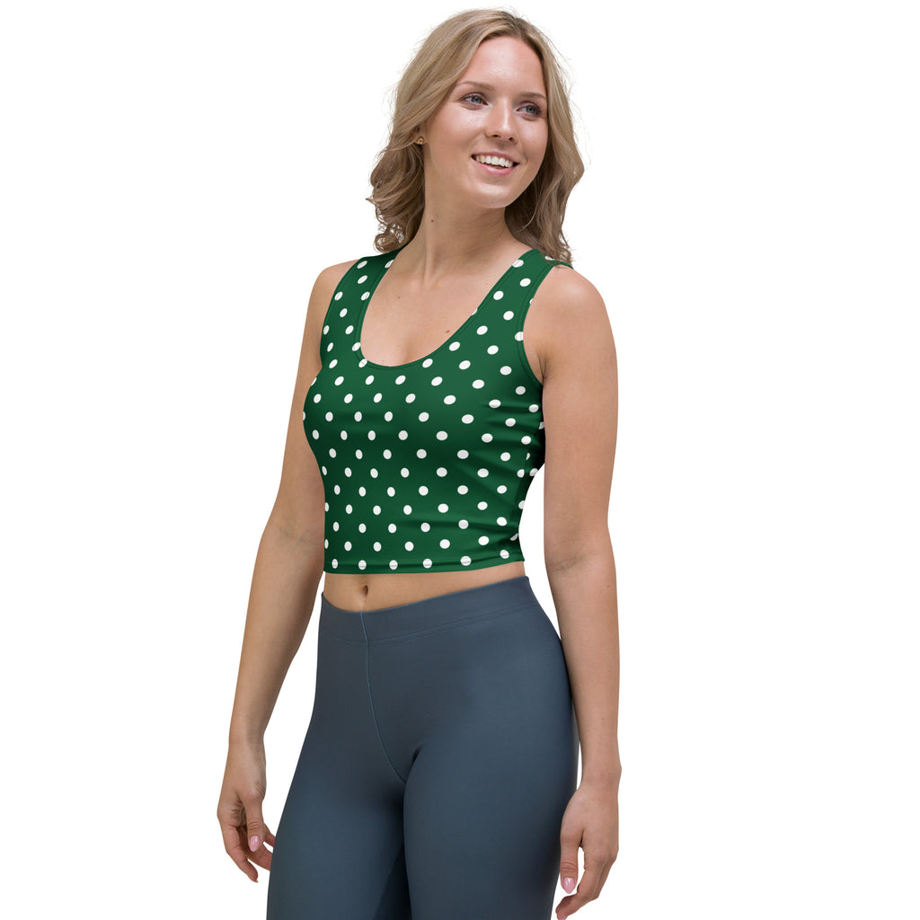 Women's Dark Green Polka Dot Buttery Soft Crop Top- Quick-Drying UPF 50+ Stretch Top