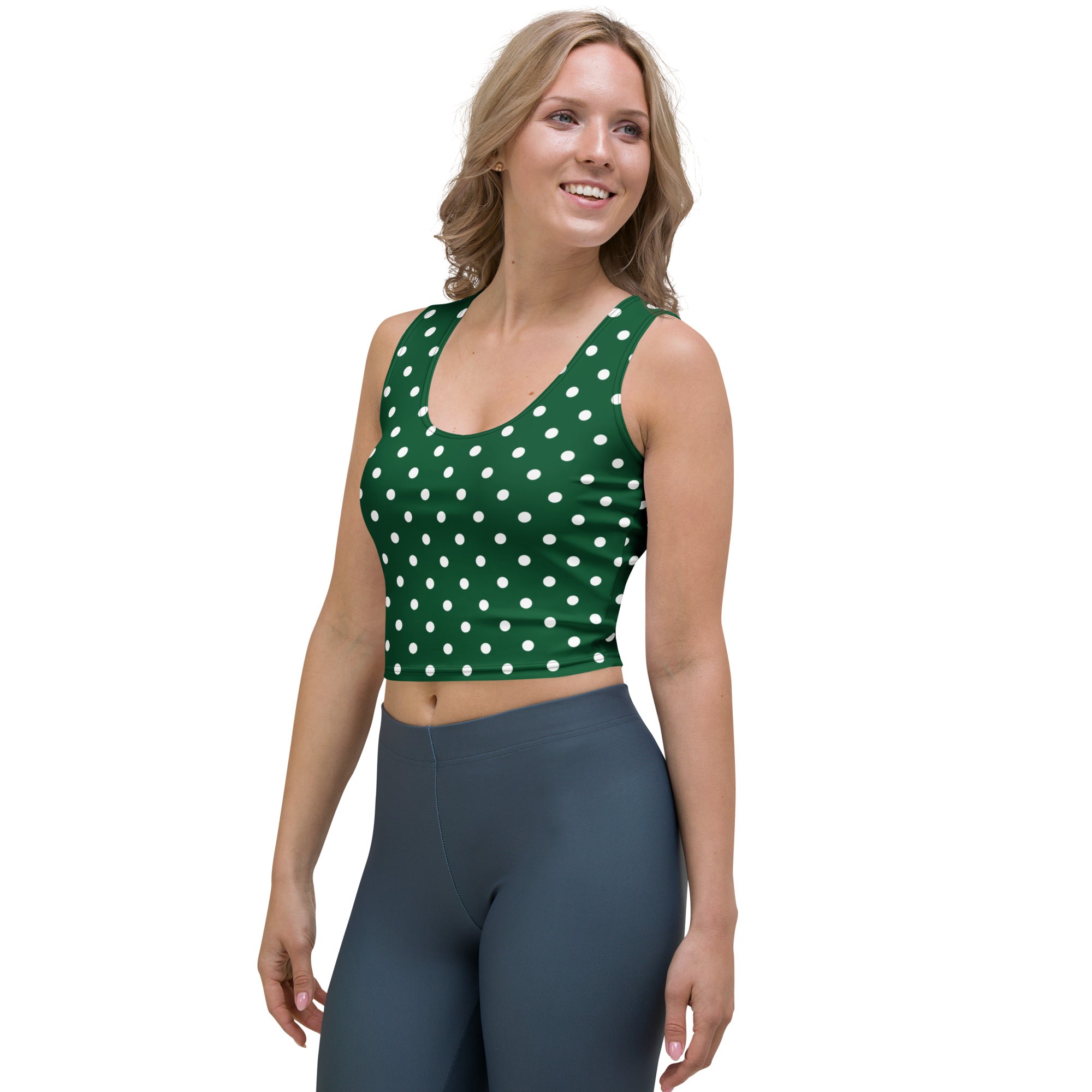 Women's Dark Green Polka Dot Buttery Soft Crop Top- Quick-Drying UPF 50+ Stretch Top