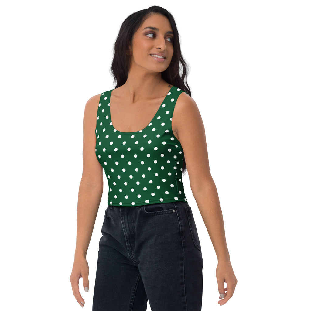 Women's Dark Green Polka Dot Buttery Soft Crop Top- Quick-Drying UPF 50+ Stretch Top