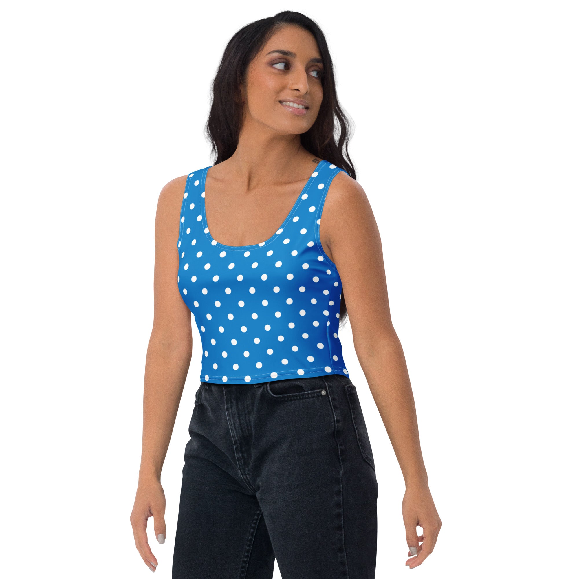 Women's Royal Blue Polka Dot Buttery Soft Crop Top- Quick-Drying UPF 50+ Stretch Top