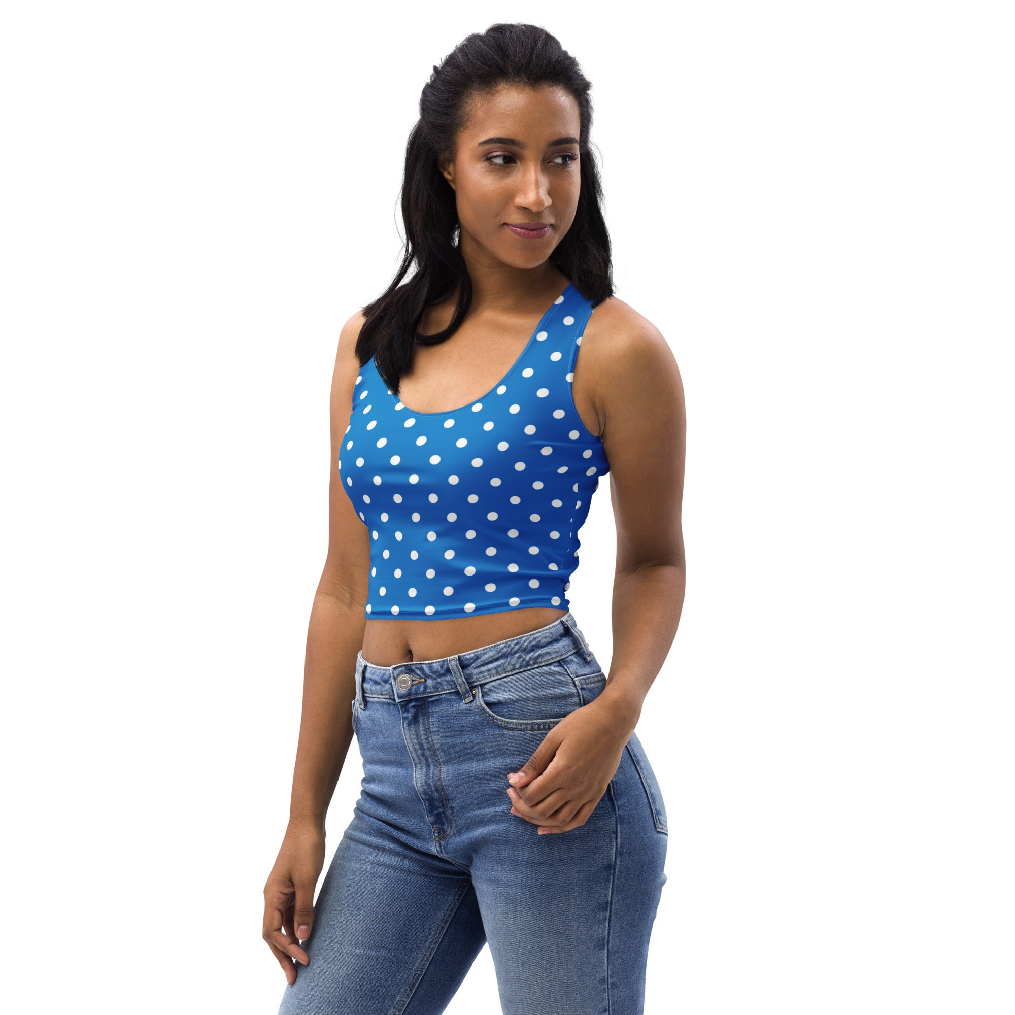 Women's Royal Blue Polka Dot Buttery Soft Crop Top- Quick-Drying UPF 50+ Stretch Top