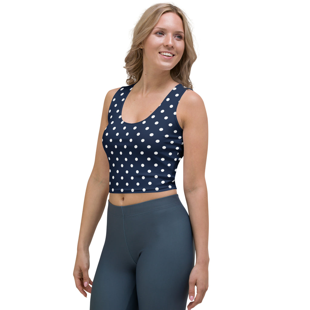 Women's Navy Blue Polka Dot Buttery Soft Crop Top- Quick-Drying UPF 50+ Stretch Top