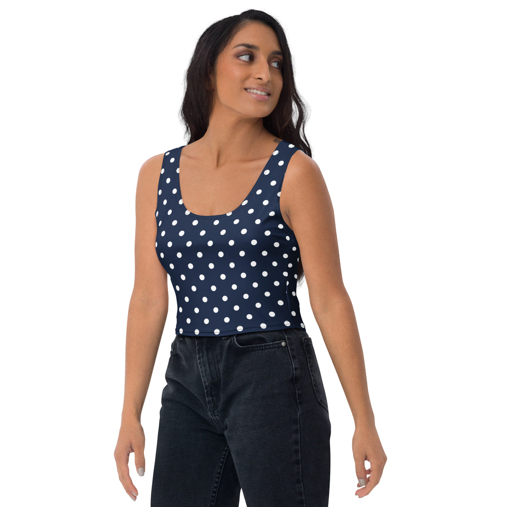 Women's Navy Blue Polka Dot Buttery Soft Crop Top- Quick-Drying UPF 50+ Stretch Top