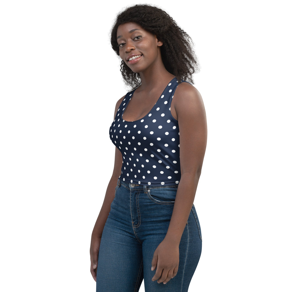 Women's Navy Blue Polka Dot Buttery Soft Crop Top- Quick-Drying UPF 50+ Stretch Top