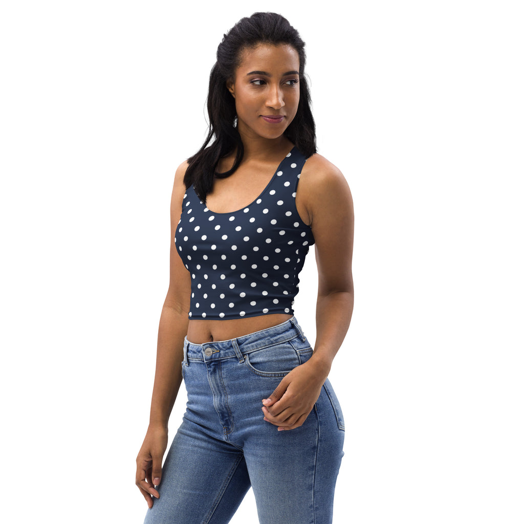 Women's Navy Blue Polka Dot Buttery Soft Crop Top- Quick-Drying UPF 50+ Stretch Top