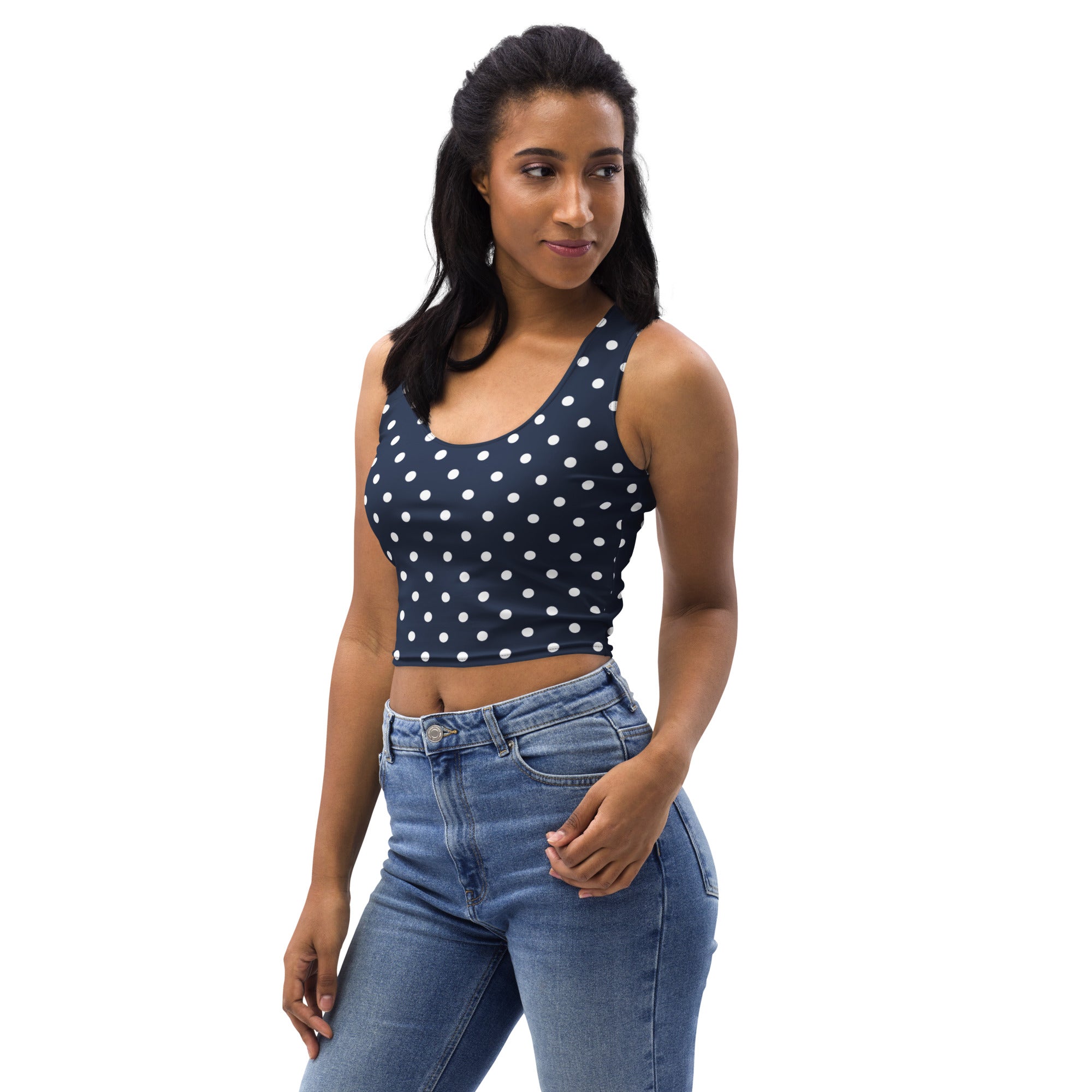 Women's Navy Blue Polka Dot Buttery Soft Crop Top- Quick-Drying UPF 50+ Stretch Top