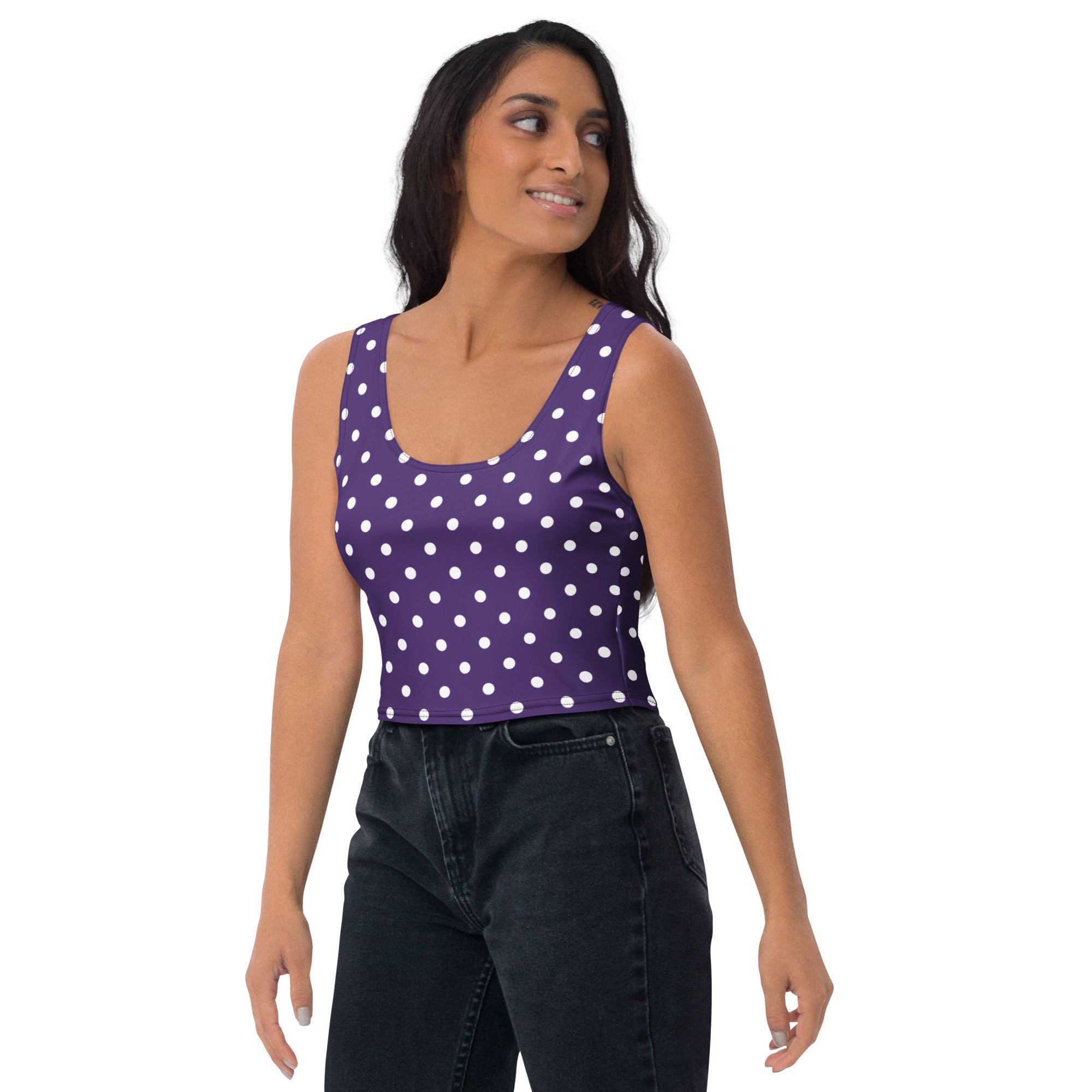 Women's Dark Purple Polka Dot Buttery Soft Crop Top- Quick-Drying UPF 50+ Stretch Top