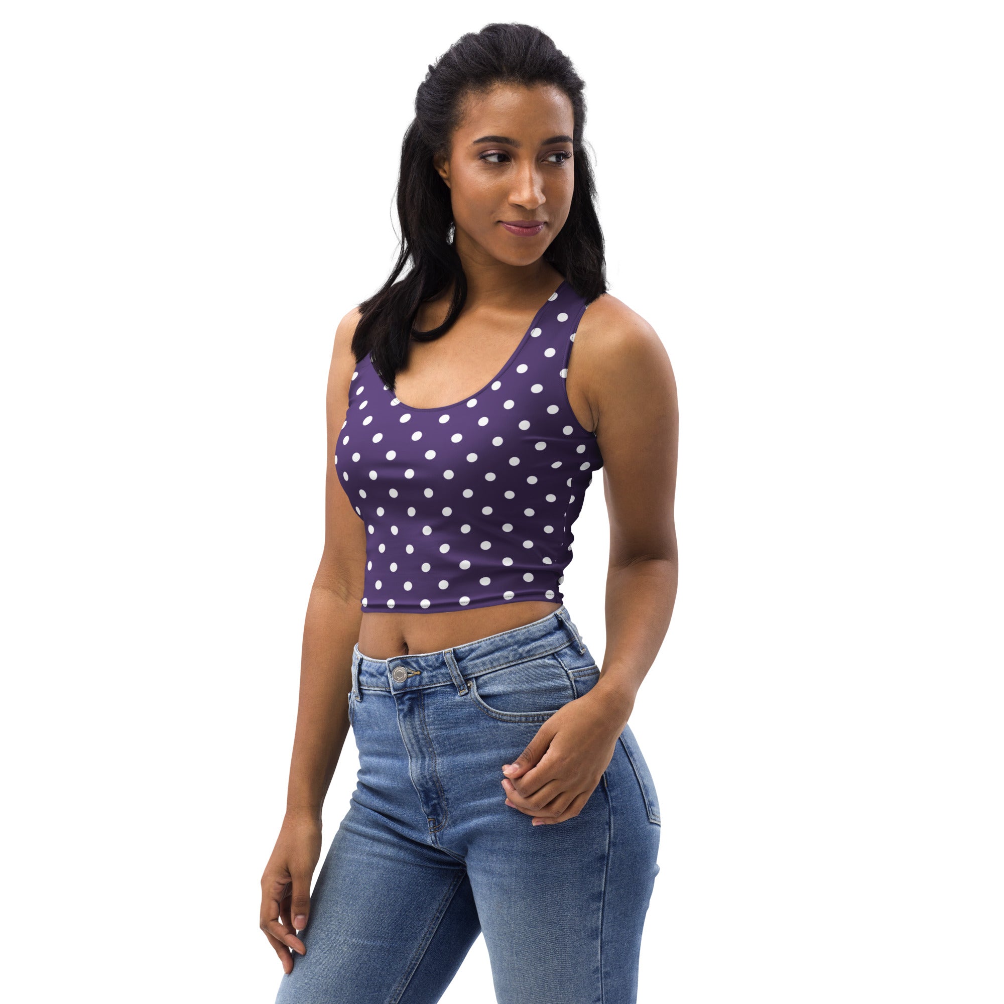 Women's Dark Purple Polka Dot Buttery Soft Crop Top- Quick-Drying UPF 50+ Stretch Top