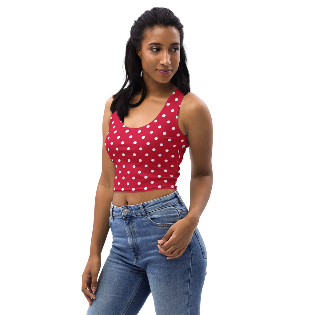 Women's Crimson Red Polka Dot Buttery Soft Crop Top- Quick-Drying UPF 50+ Stretch Top