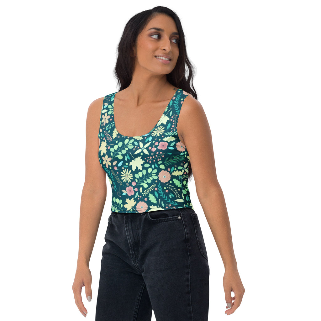 Women's Dark Green Floral Buttery Soft Crop Top- Quick-Drying UPF 50+ Stretch Top