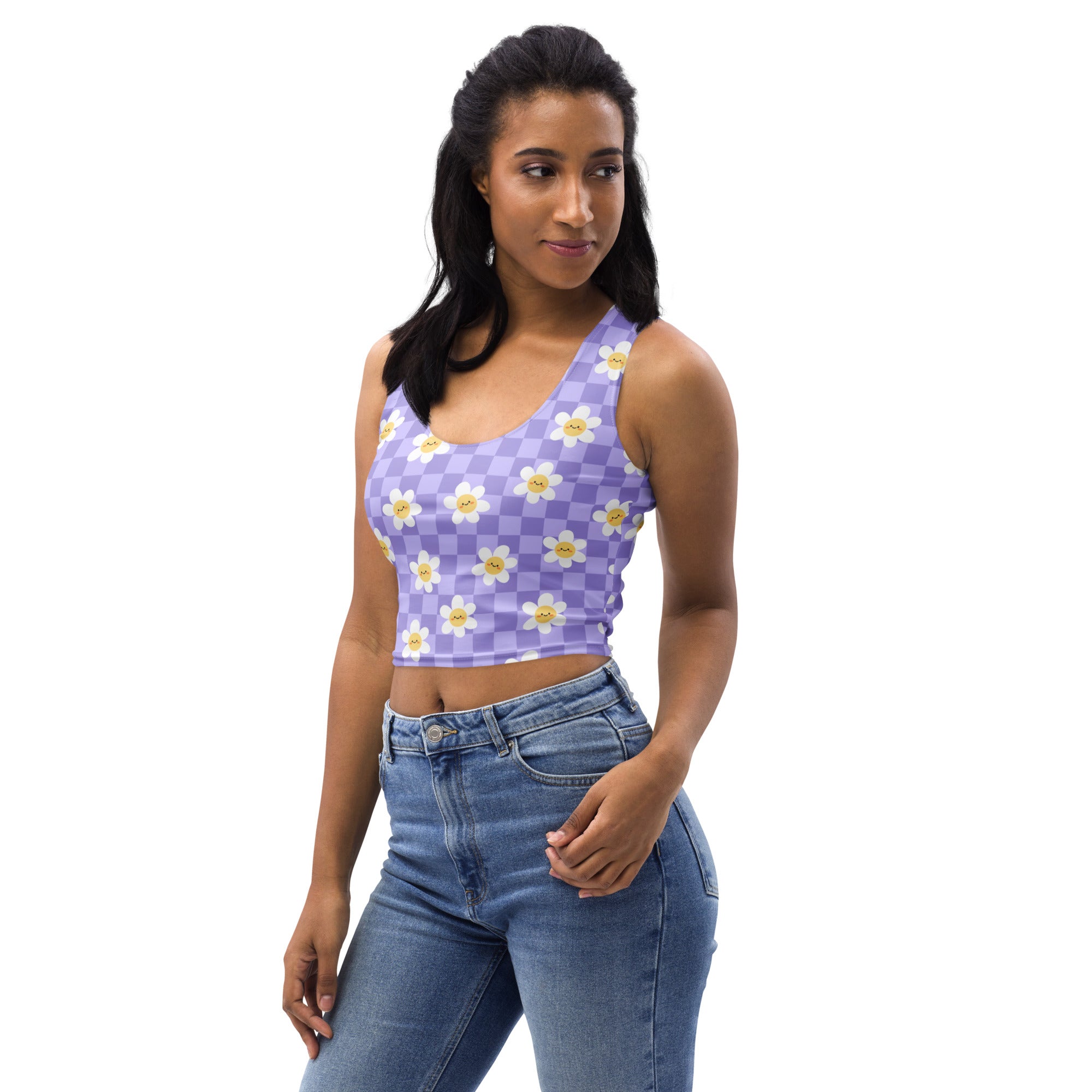 Women's Checkered Lavender Daisy Buttery Soft Crop Top- Quick-Drying UPF 50+ Stretch Top
