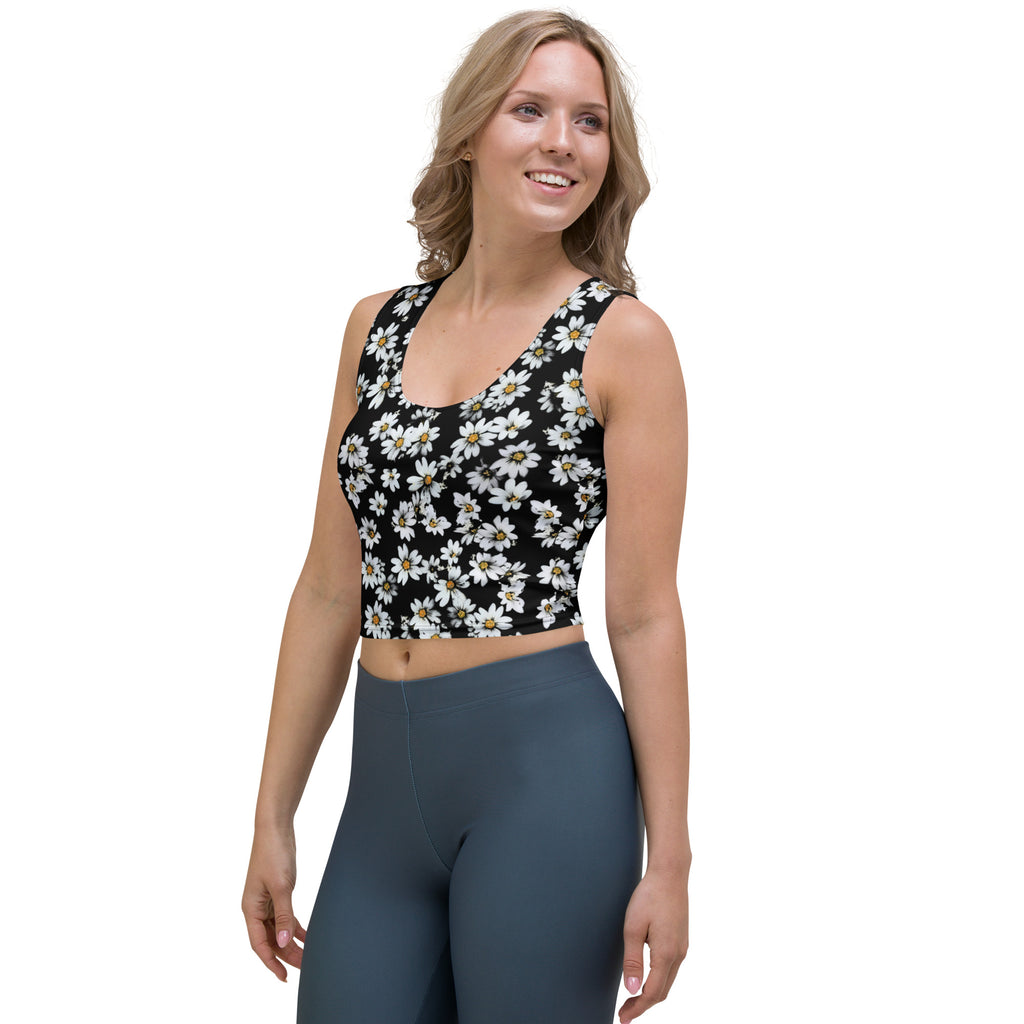 Women's Black Daisy Buttery Soft Crop Top- Quick-Drying UPF 50+ Stretch Top