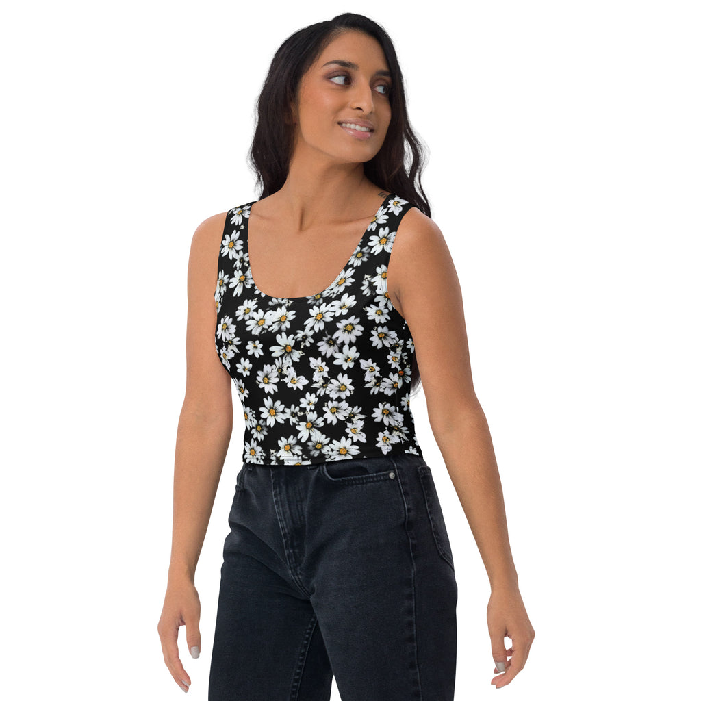 Women's Black Daisy Buttery Soft Crop Top- Quick-Drying UPF 50+ Stretch Top