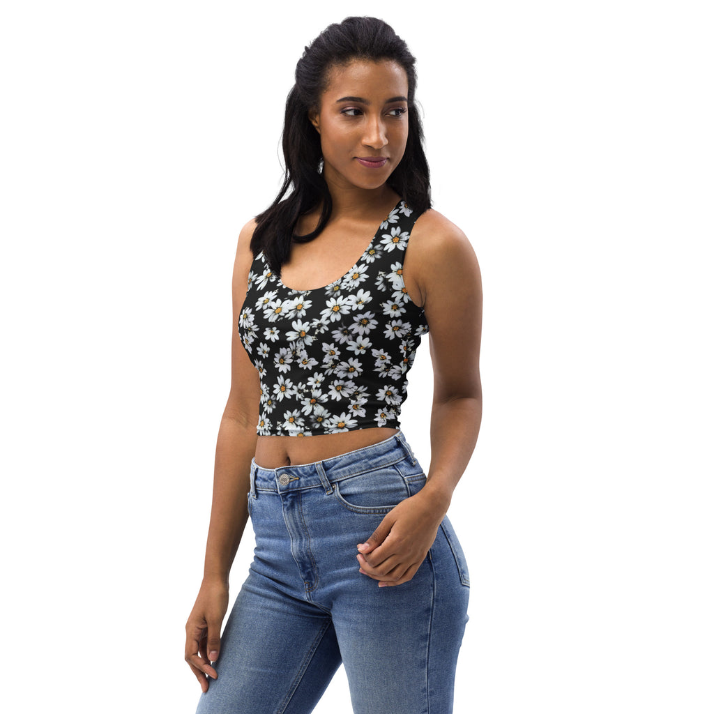 Women's Black Daisy Buttery Soft Crop Top- Quick-Drying UPF 50+ Stretch Top