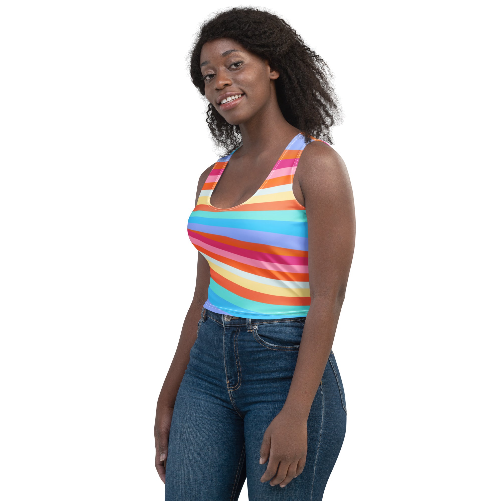 Women's Beach Rainbow Stripe Buttery Soft Crop Top- Quick-Drying UPF 50+ Stretch Top