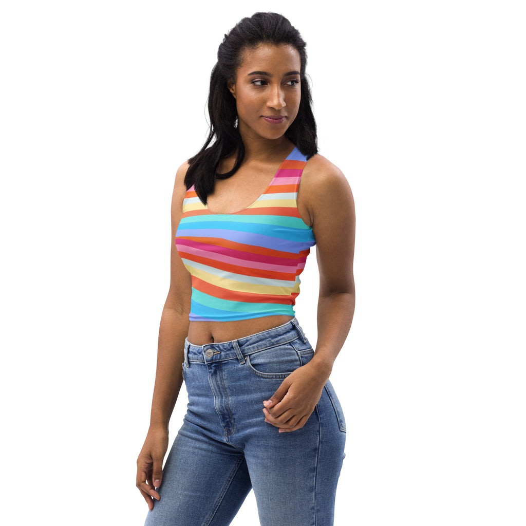 Women's Beach Rainbow Stripe Buttery Soft Crop Top- Quick-Drying UPF 50+ Stretch Top