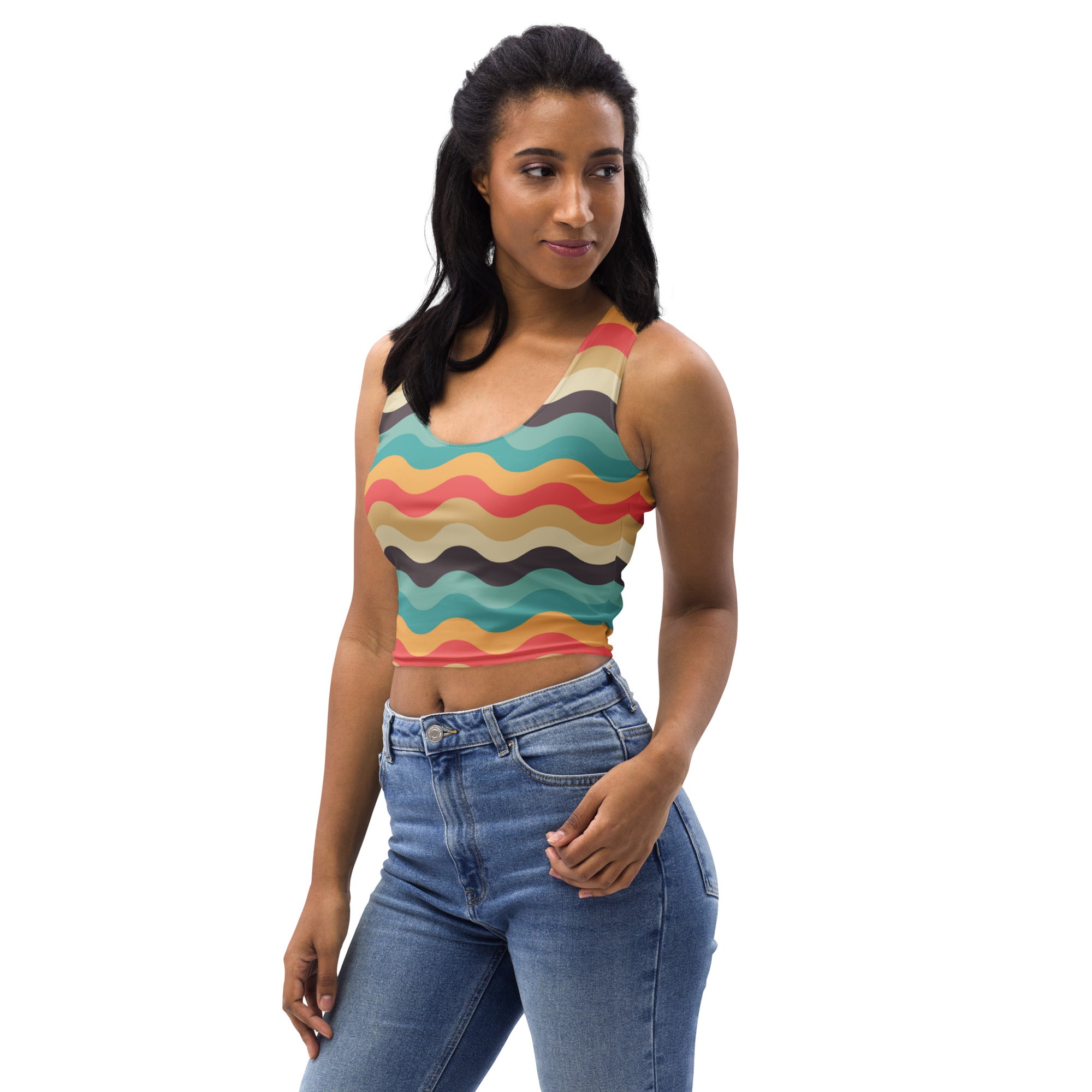 Women's Multicolor Wavy Stripe Buttery Soft Crop Top- Quick-Drying UPF 50+ Stretch Top