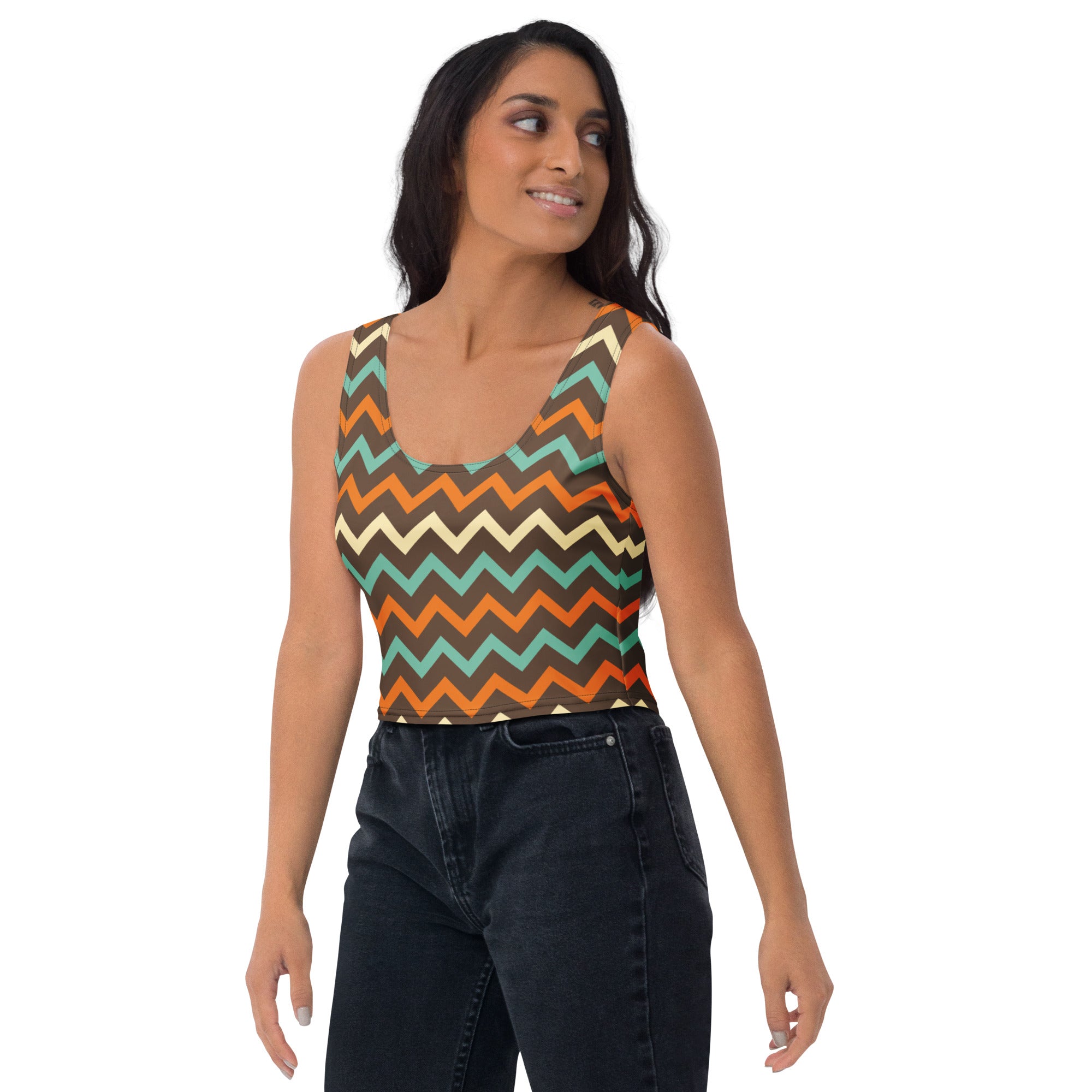 Women's Brown Chevron Buttery Soft Crop Top- Quick-Drying UPF 50+ Stretch Top