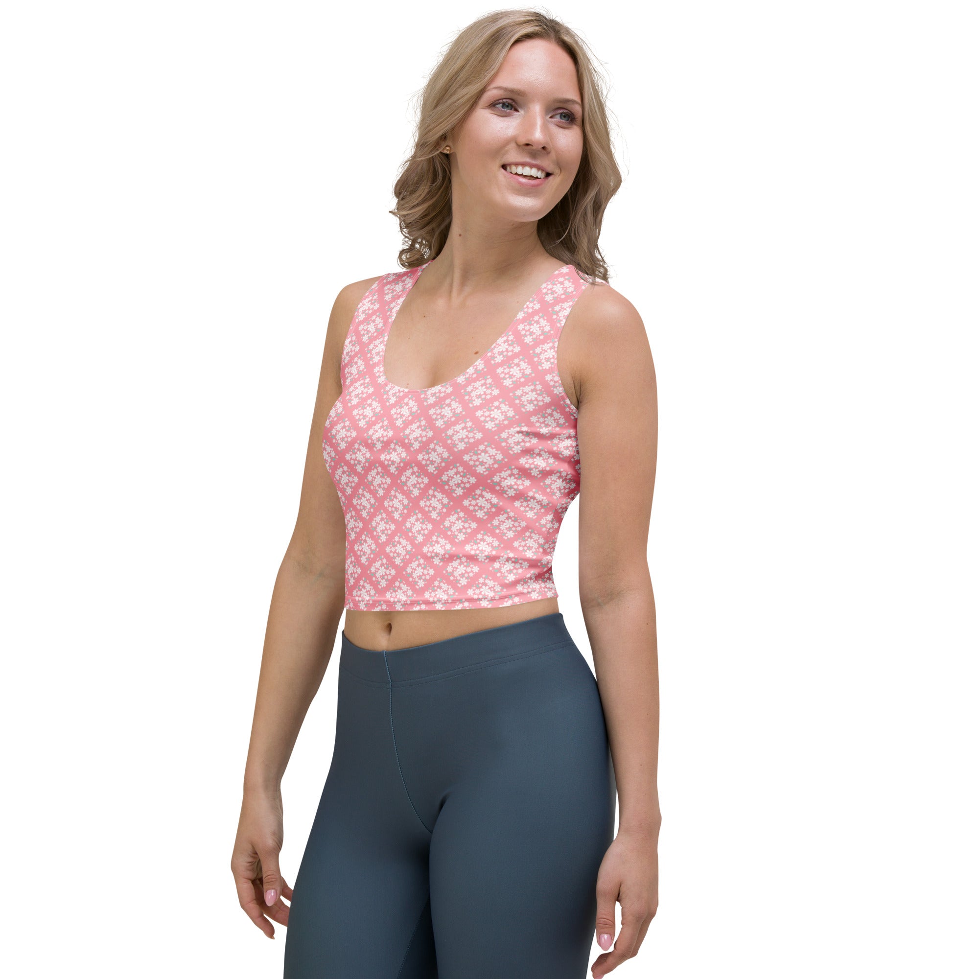 Women's Pink Floral Tile Buttery Soft Crop Top- Quick-Drying UPF 50+ Stretch Top