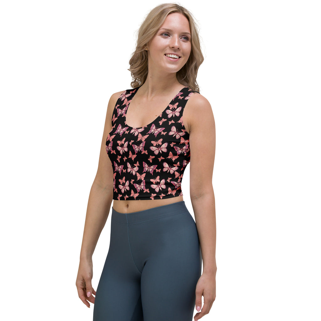 Women's Pink Butterflies Buttery Soft Crop Top- Quick-Drying UPF 50+ Stretch Top