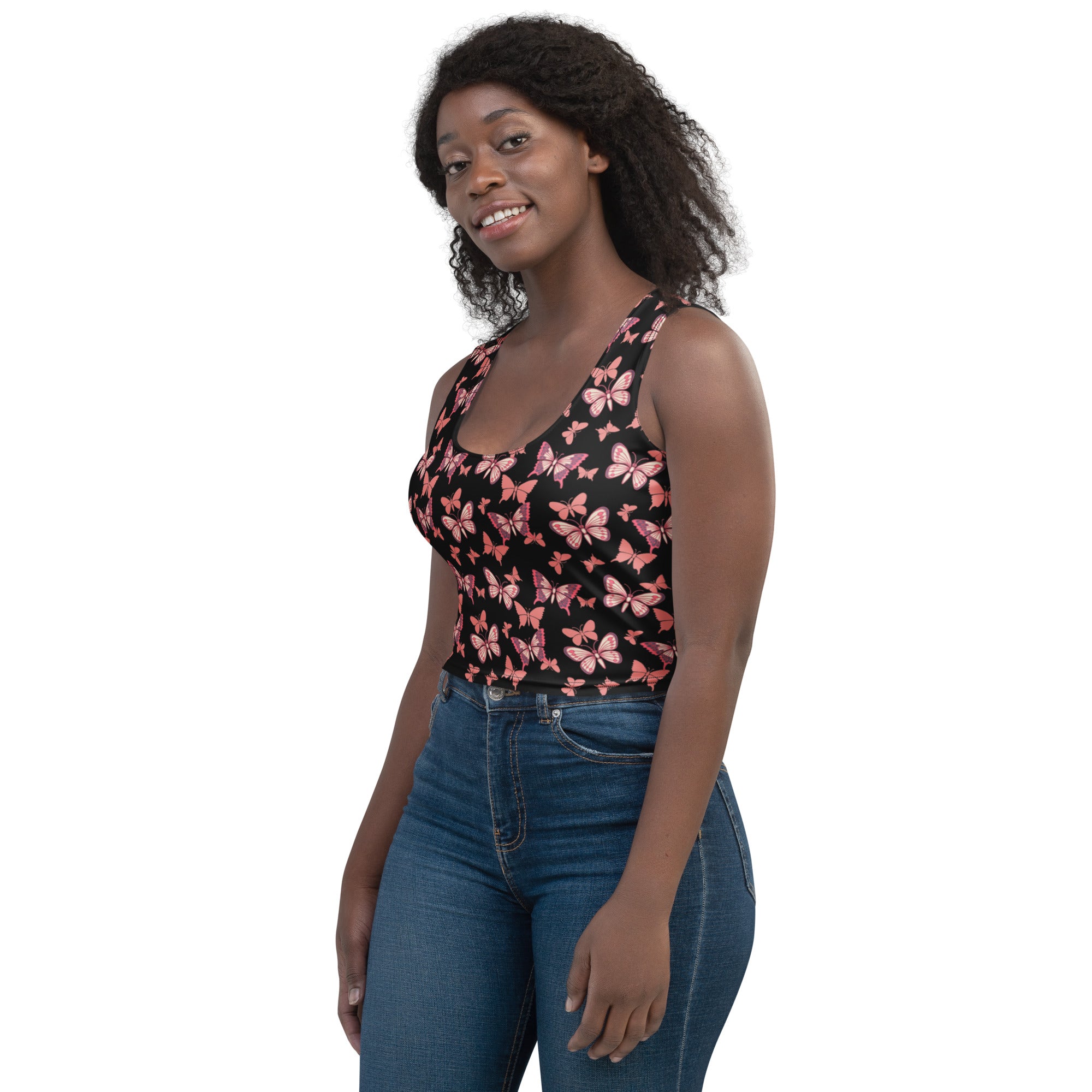 Women's Pink Butterflies Buttery Soft Crop Top- Quick-Drying UPF 50+ Stretch Top