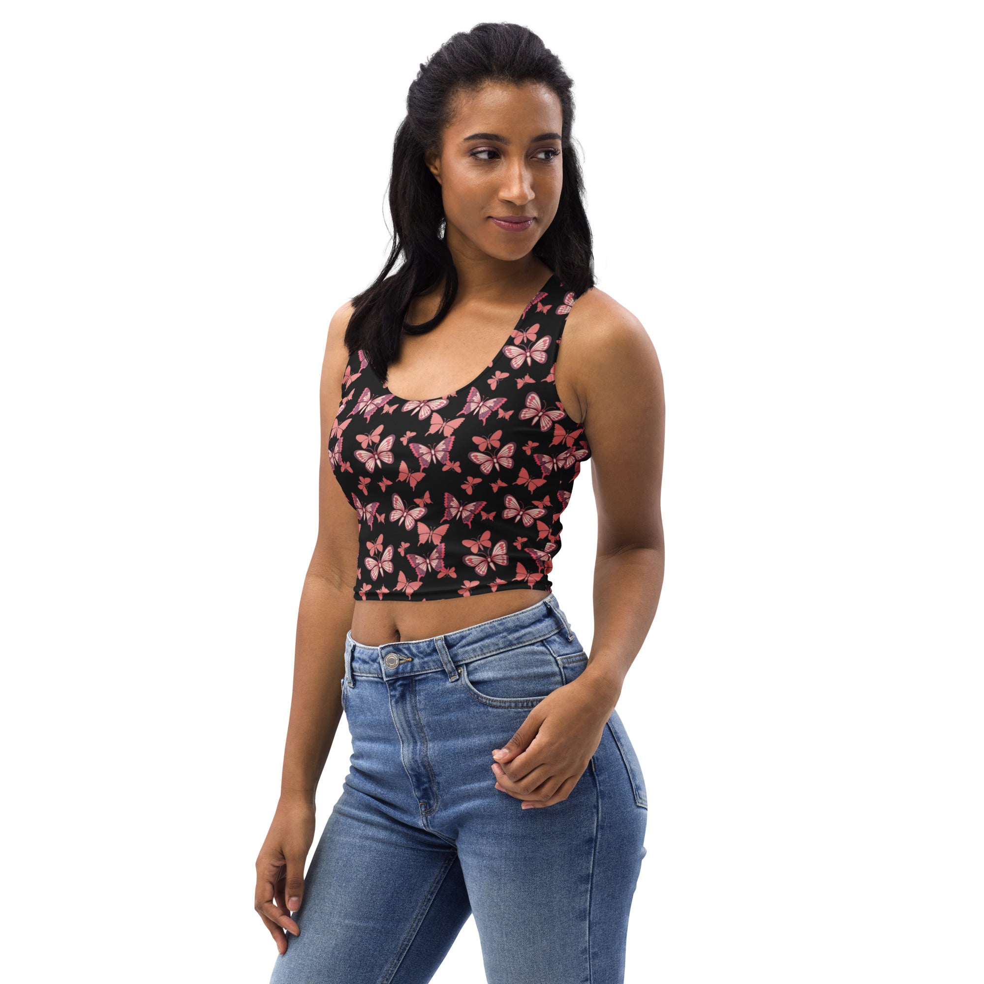 Women's Pink Butterflies Buttery Soft Crop Top- Quick-Drying UPF 50+ Stretch Top