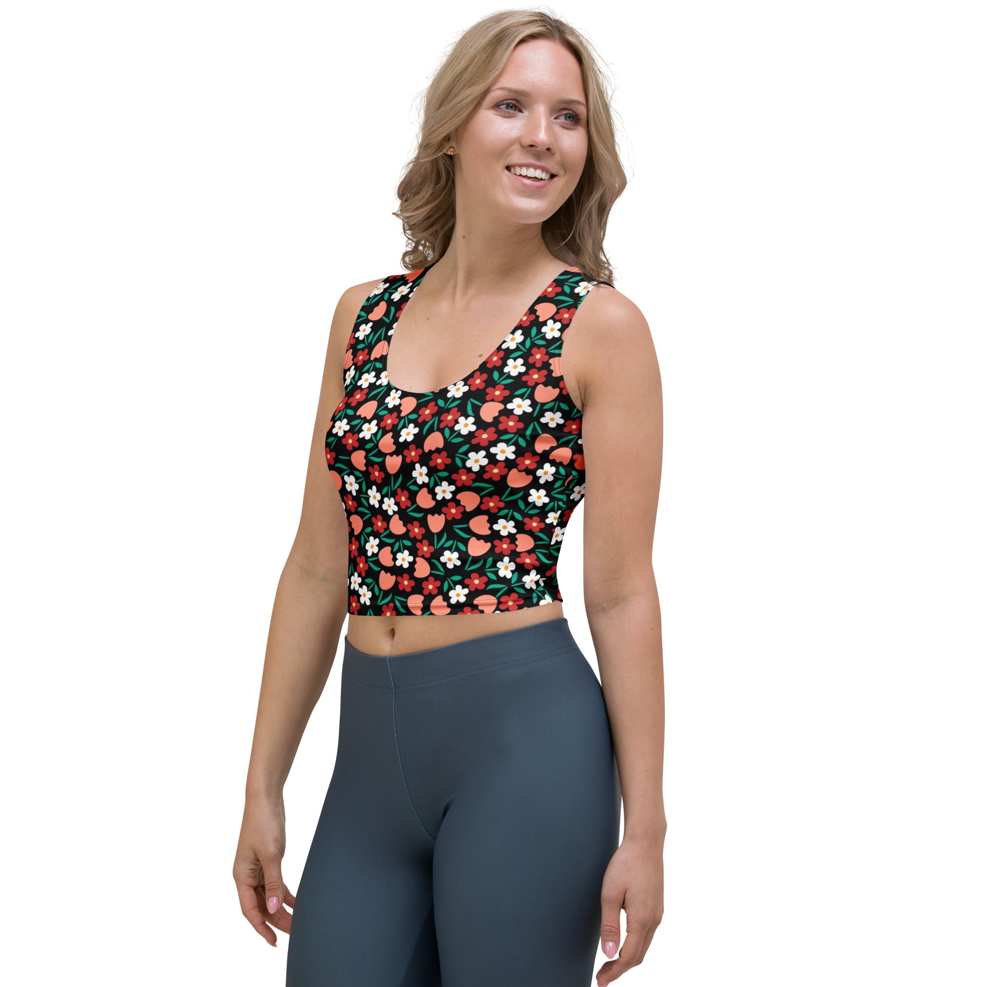 Women's Black Floral Flowers Buttery Soft Crop Top- Quick-Drying UPF 50+ Stretch Top