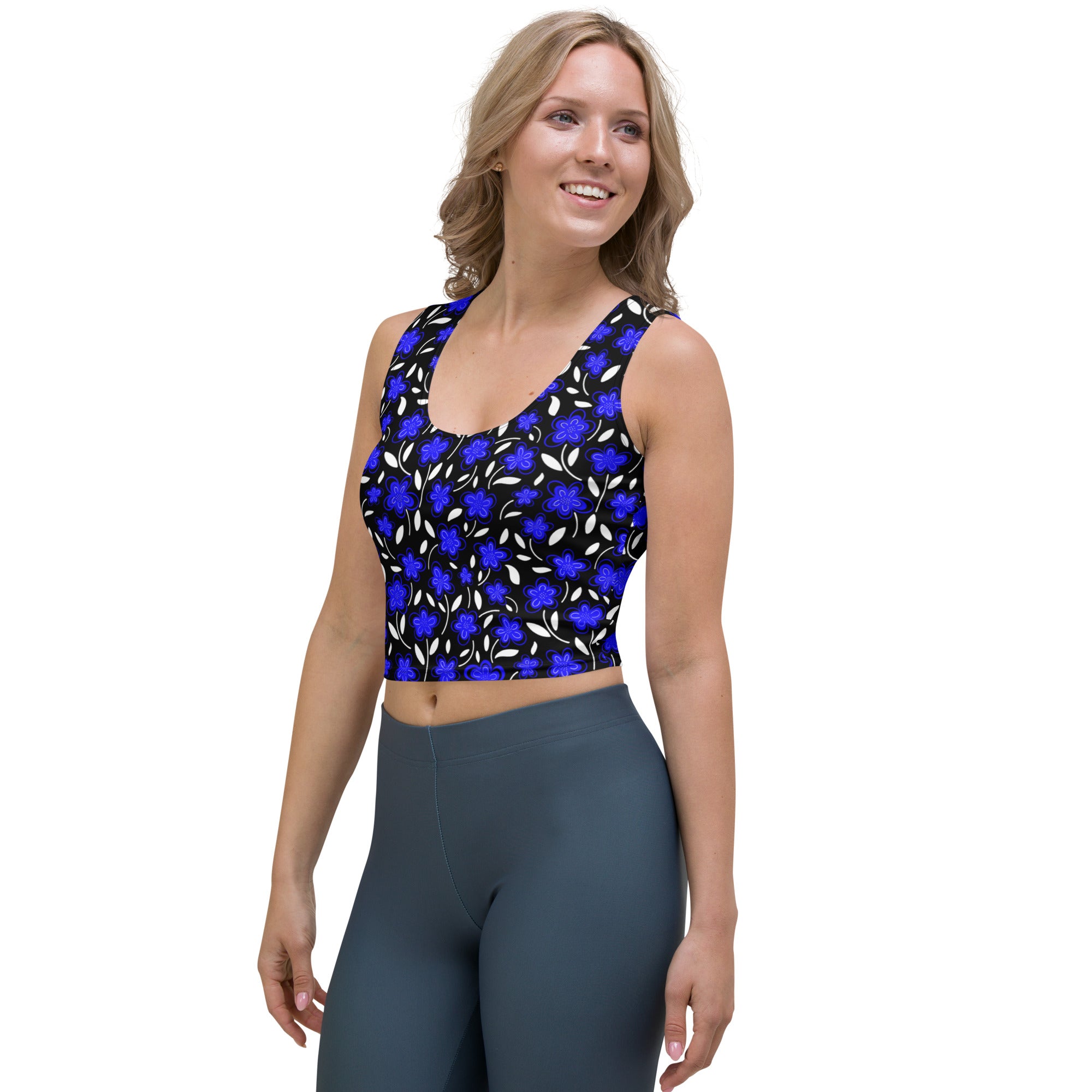 Women's Blue Floral Buttery Soft Crop Top- Quick-Drying UPF 50+ Stretch Top