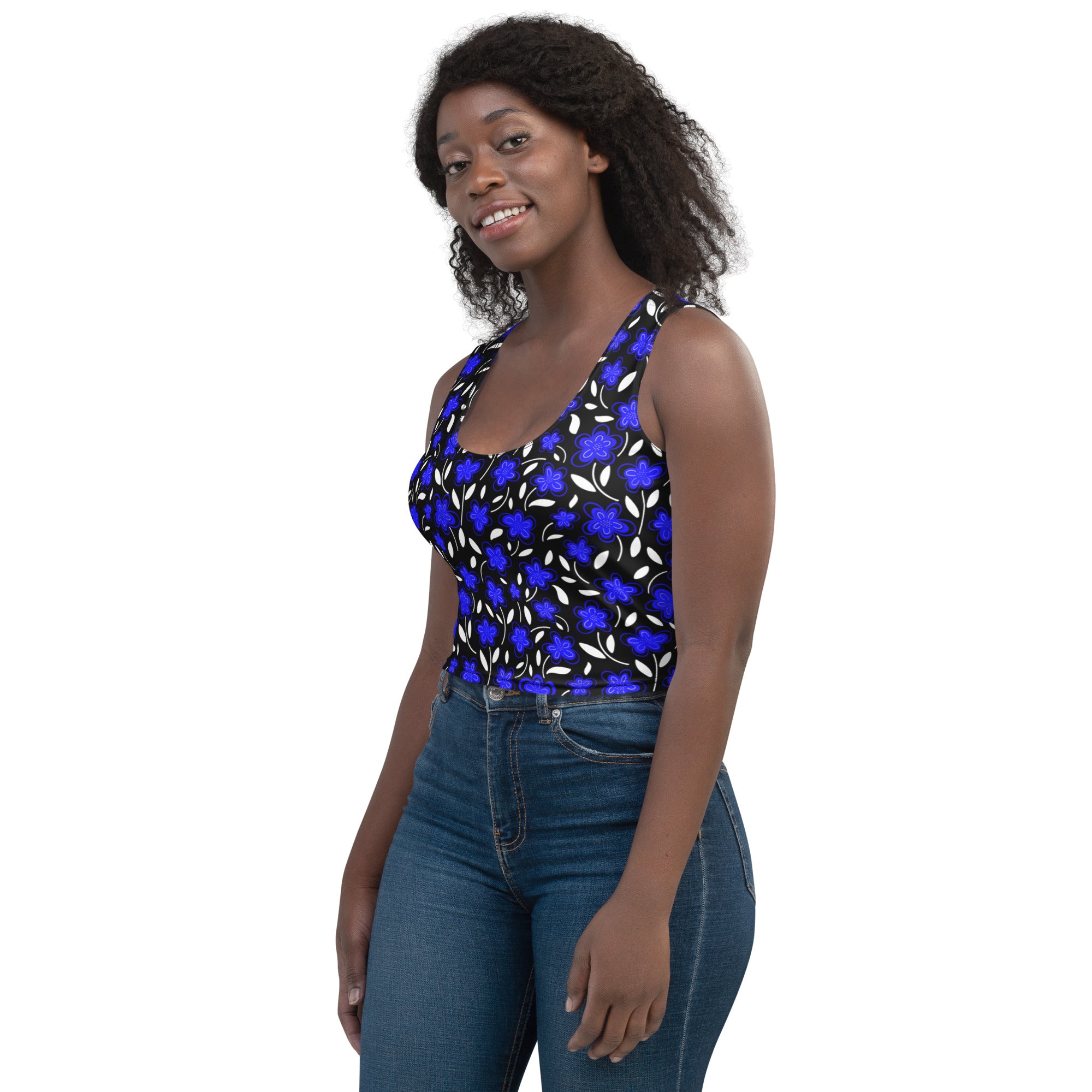 Women's Blue Floral Buttery Soft Crop Top- Quick-Drying UPF 50+ Stretch Top