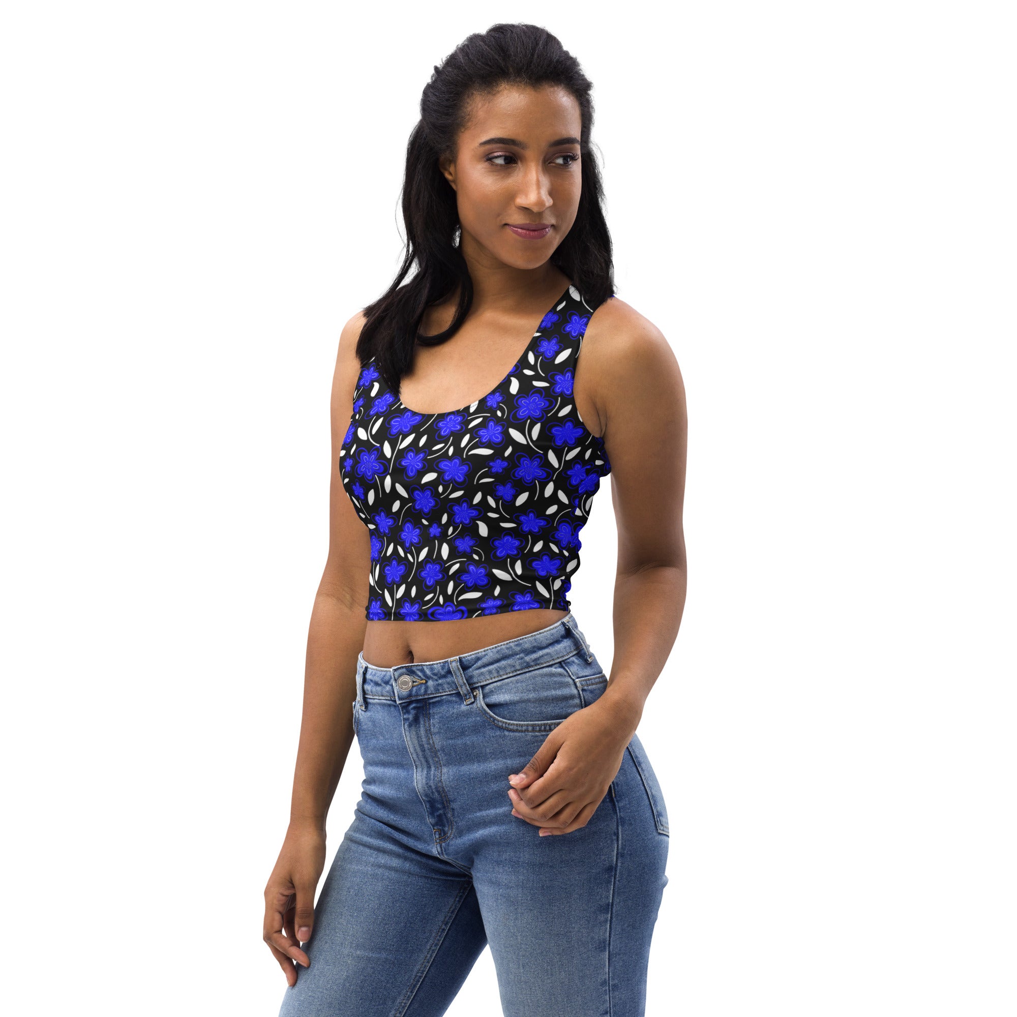 Women's Blue Floral Buttery Soft Crop Top- Quick-Drying UPF 50+ Stretch Top