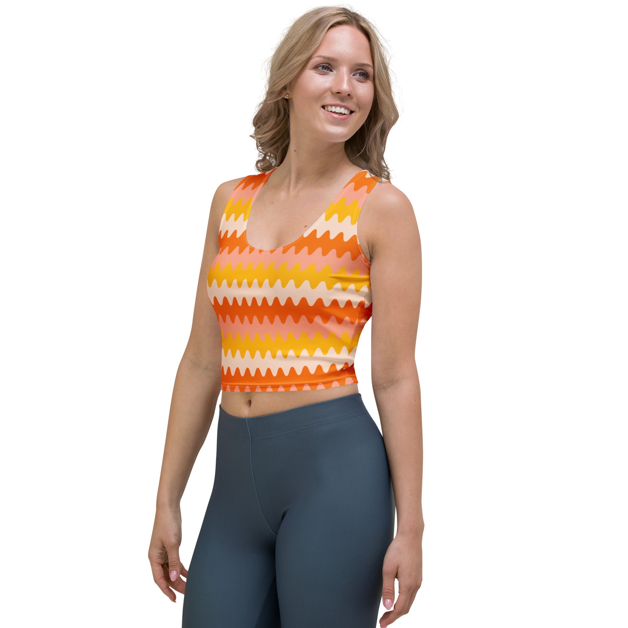 Women's Orange Wavy Stripe Buttery Soft Crop Top- Quick-Drying UPF 50+ Stretch Top