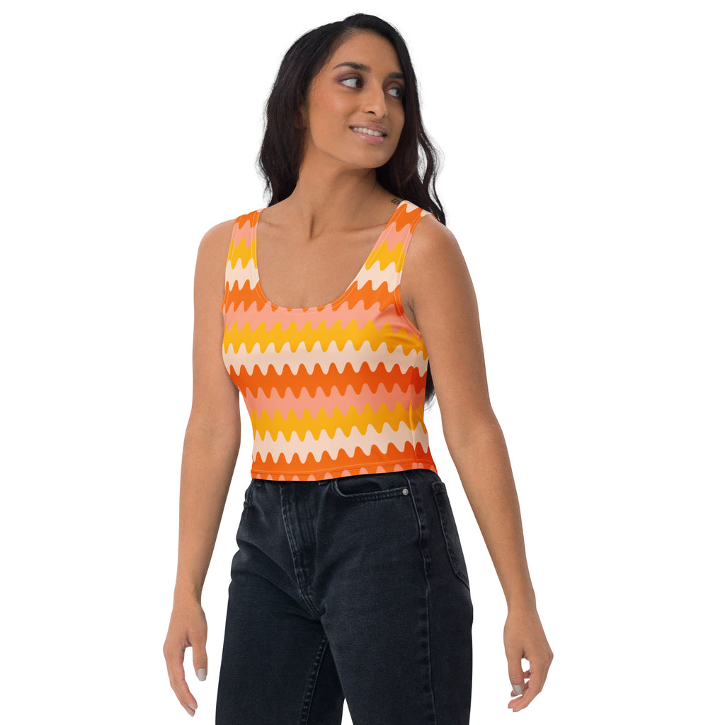 Women's Orange Wavy Stripe Buttery Soft Crop Top- Quick-Drying UPF 50+ Stretch Top