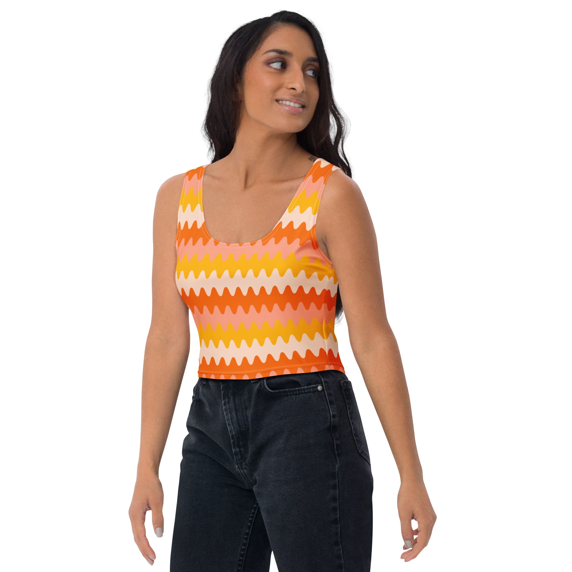 Women's Orange Wavy Stripe Buttery Soft Crop Top- Quick-Drying UPF 50+ Stretch Top